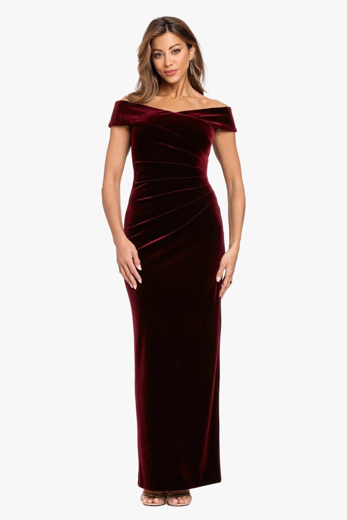"Agatha" Velvet Off the Shoulder Rouched Waist Dress