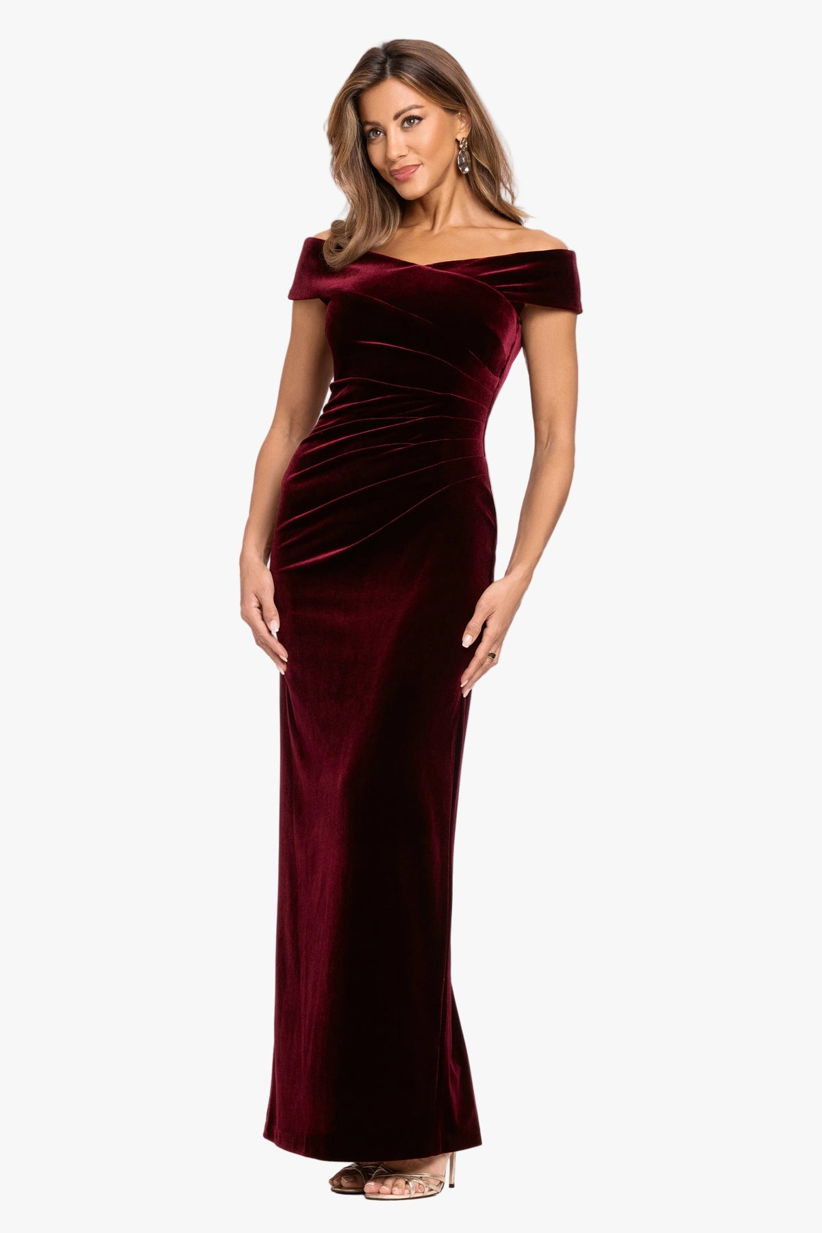 "Agatha" Velvet Off the Shoulder Rouched Waist Dress