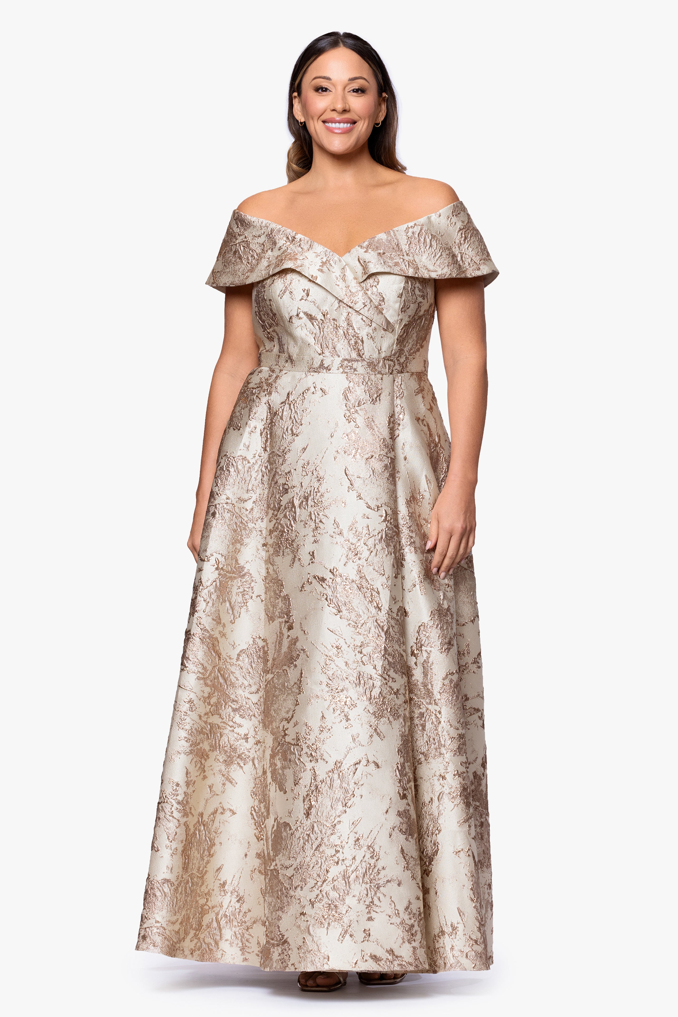 Plus "Daphne" Brocade Off Shoulder Floor Length Dress
