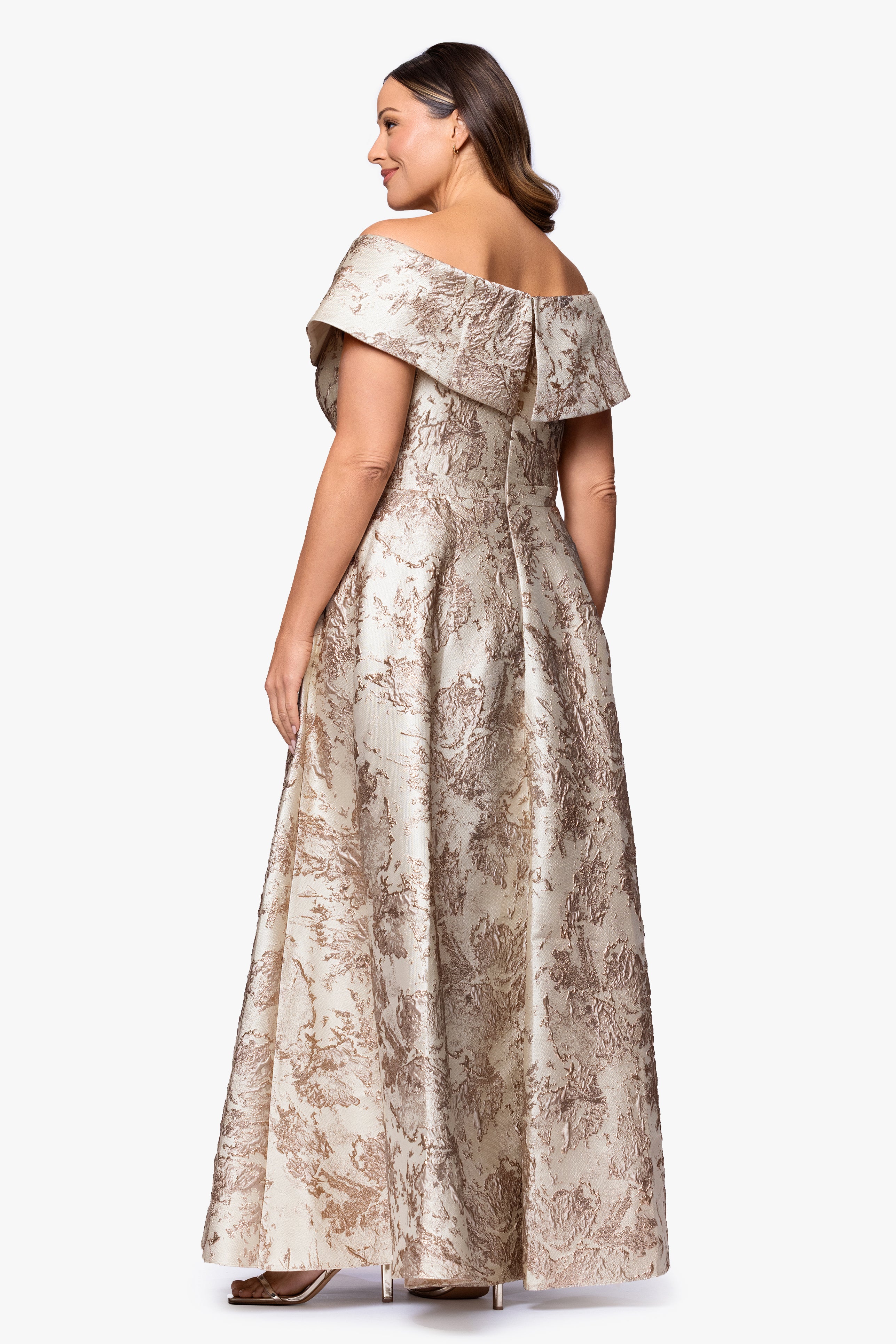 Plus "Daphne" Brocade Off Shoulder Floor Length Dress