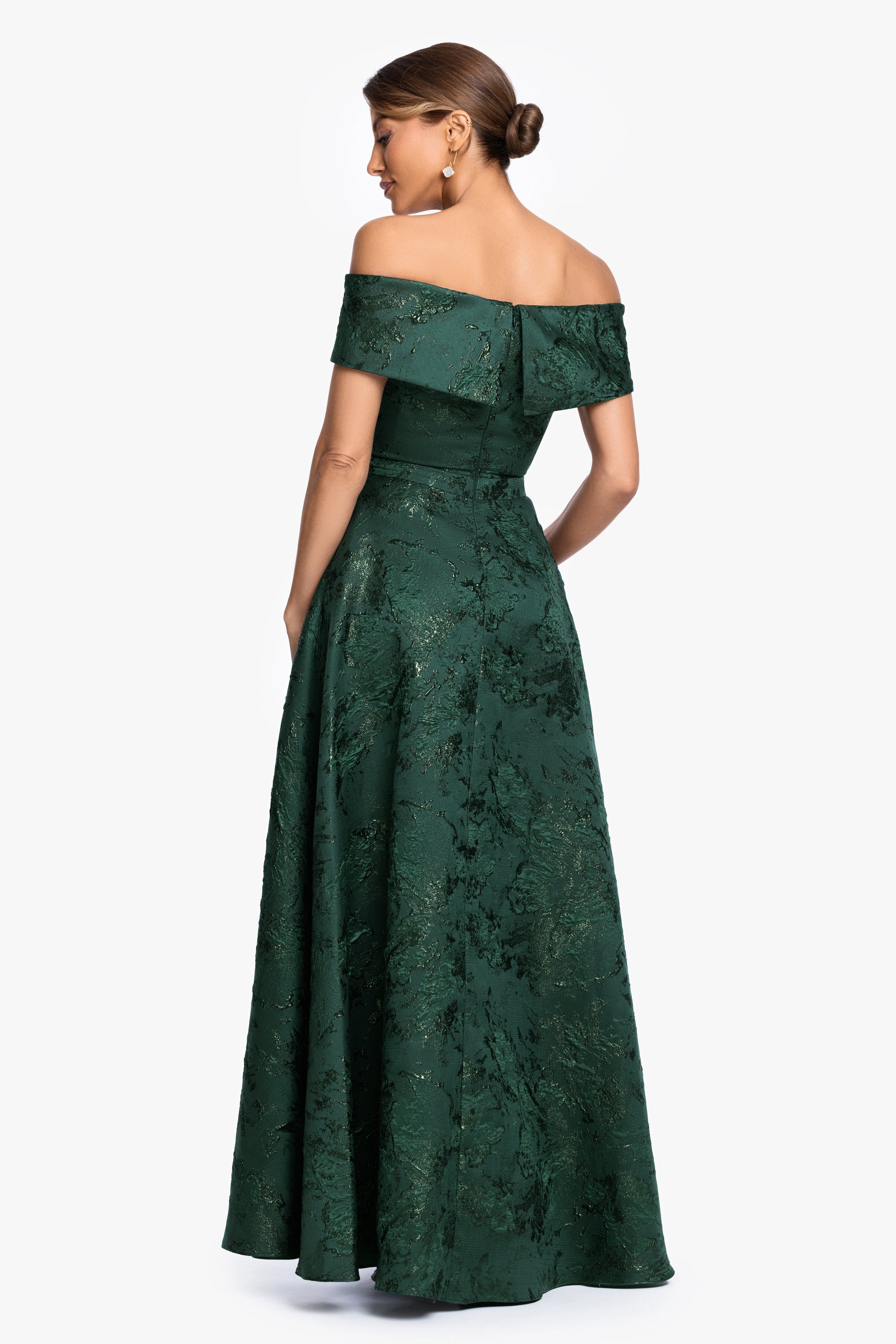 Petite "Daphne" Brocade Off Shoulder Dress