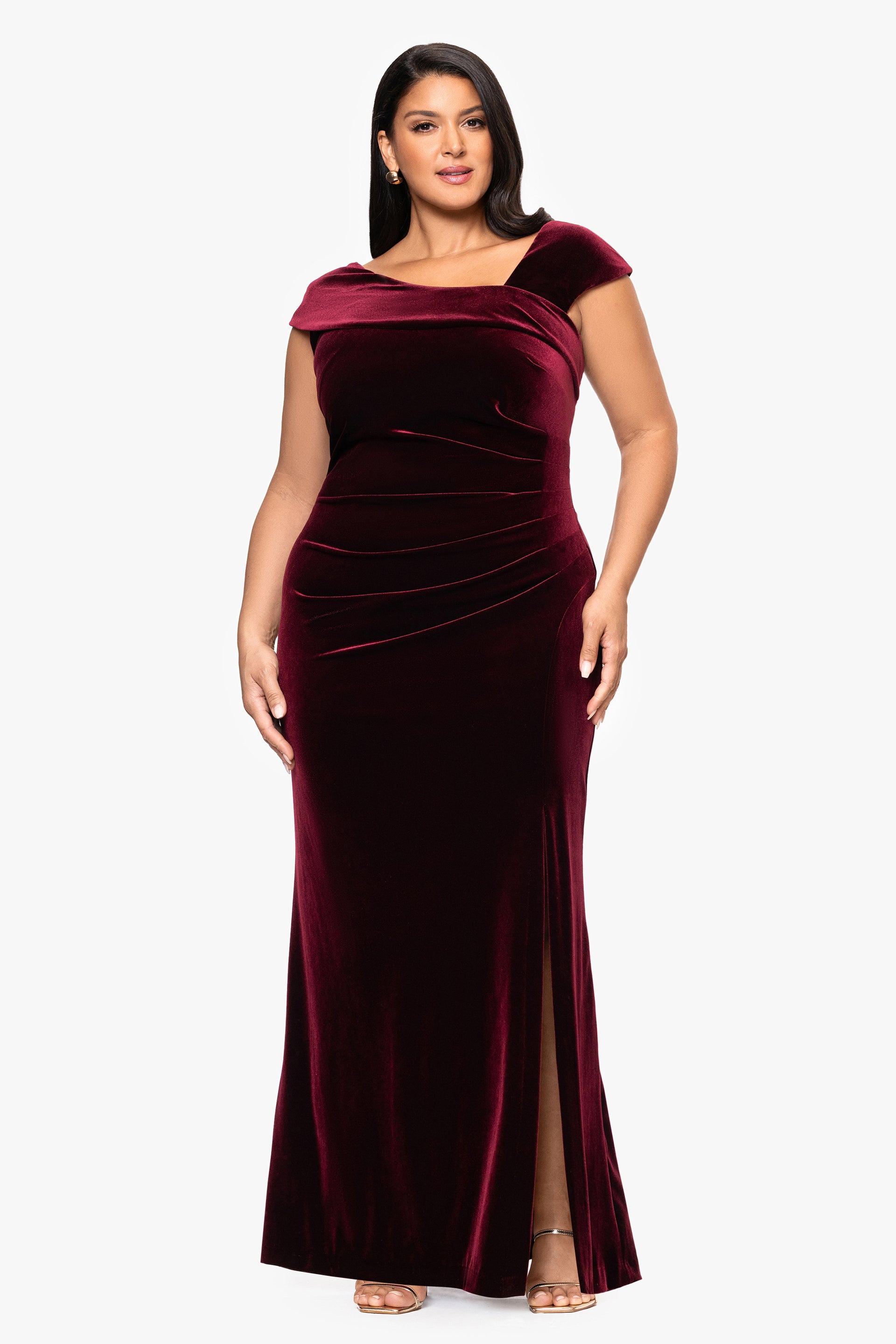Plus "Katrina" Velvet Asymmetrical Neckline Cap Sleeve Dress