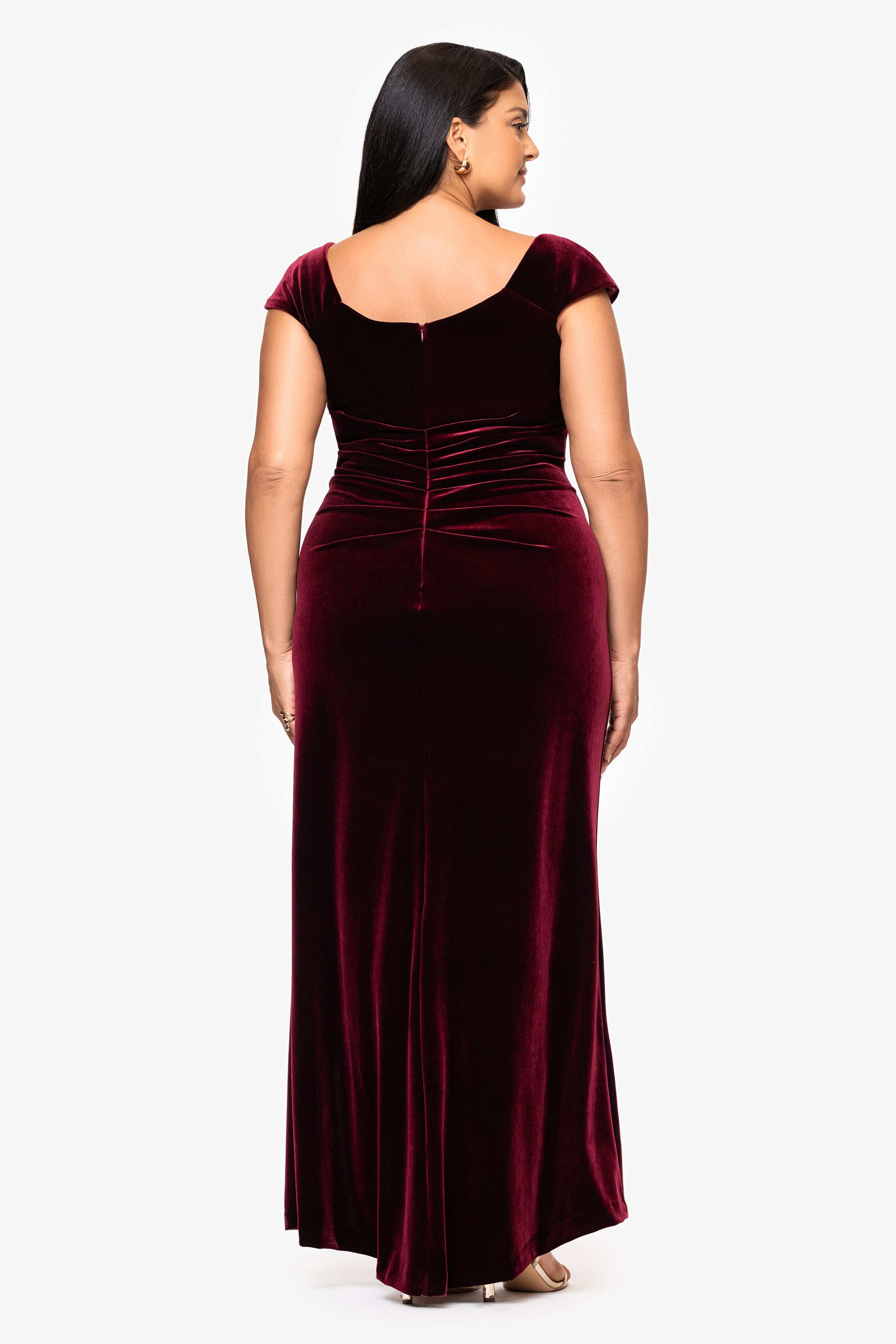 Plus "Katrina" Velvet Asymmetrical Neckline Cap Sleeve Floor Length Dress