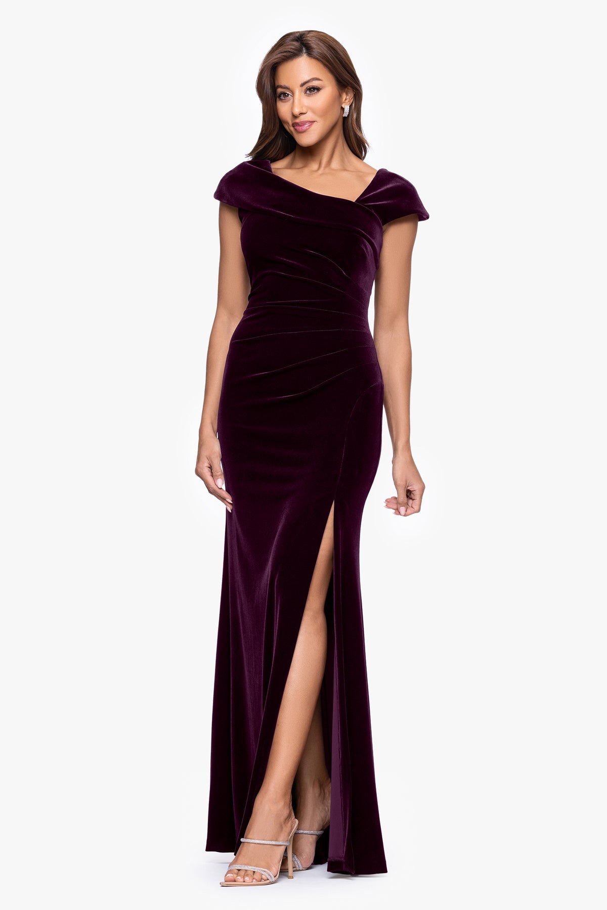 "Katrina" Velvet Asymmetrical Neckline Cap Sleeve Dress