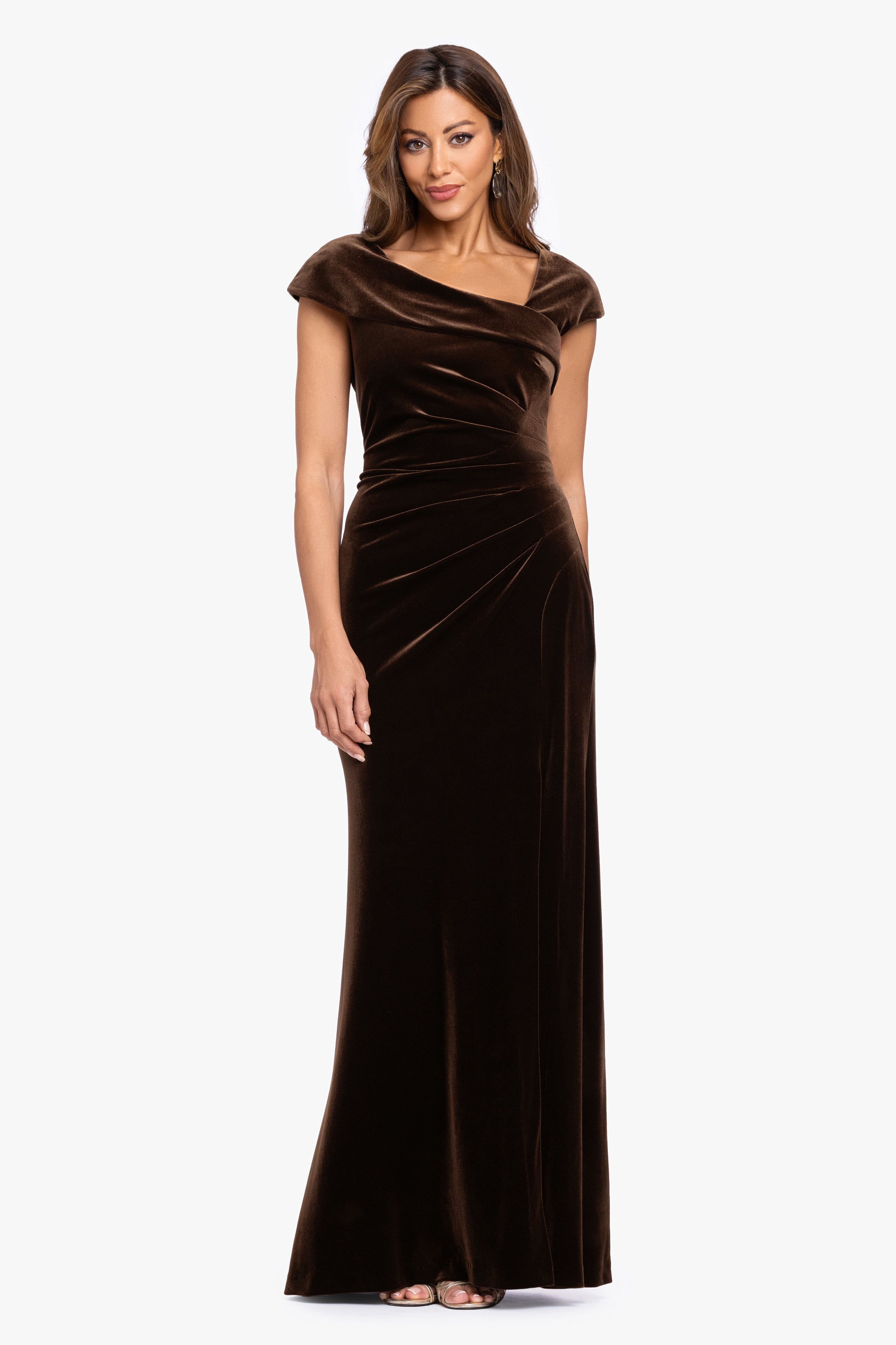 "Katrina" Velvet Asymmetrical Neckline Cap Sleeve Dress