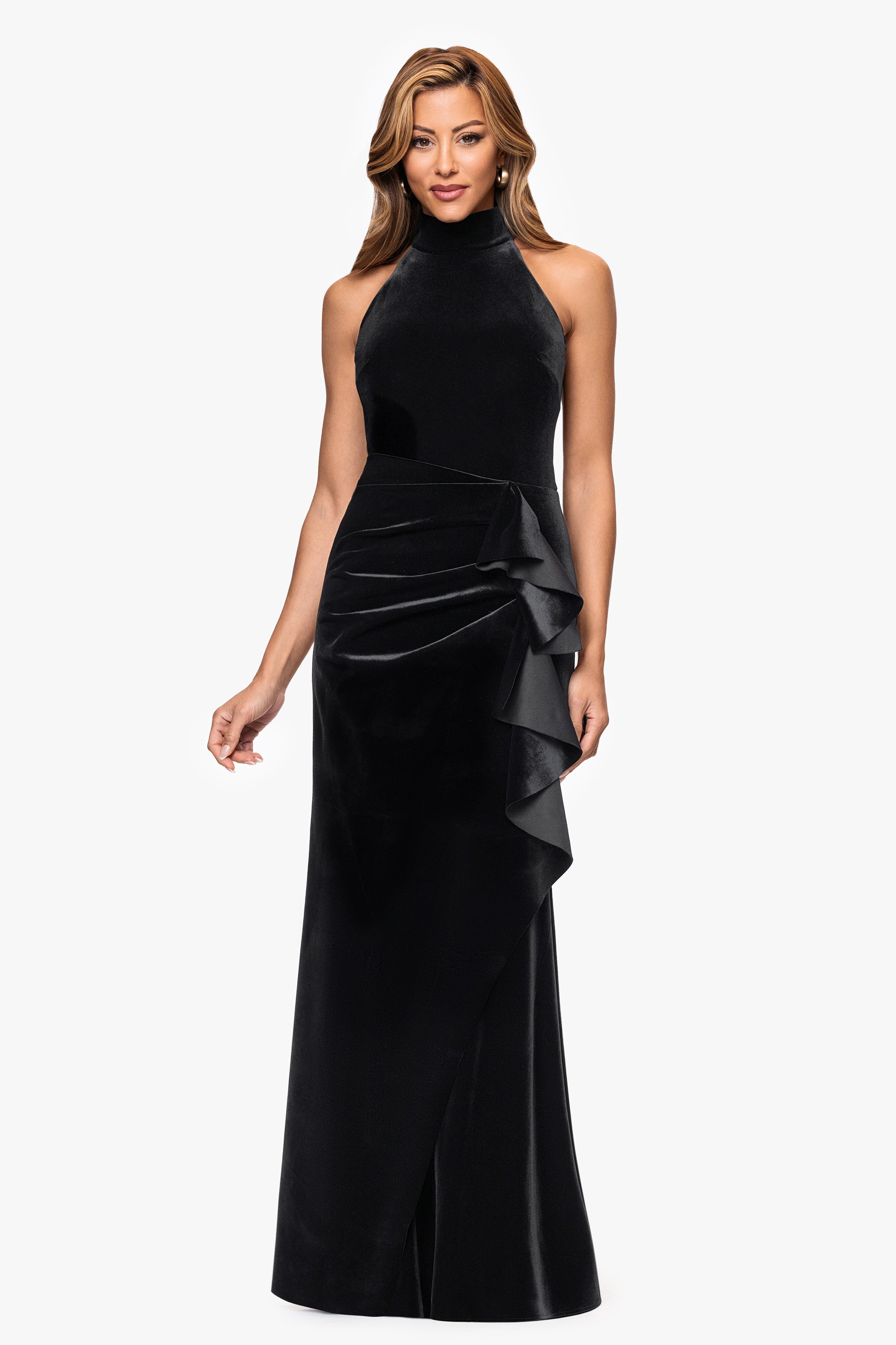 "Roweena" Velvet Mock Halter Neck Floor Length Dress