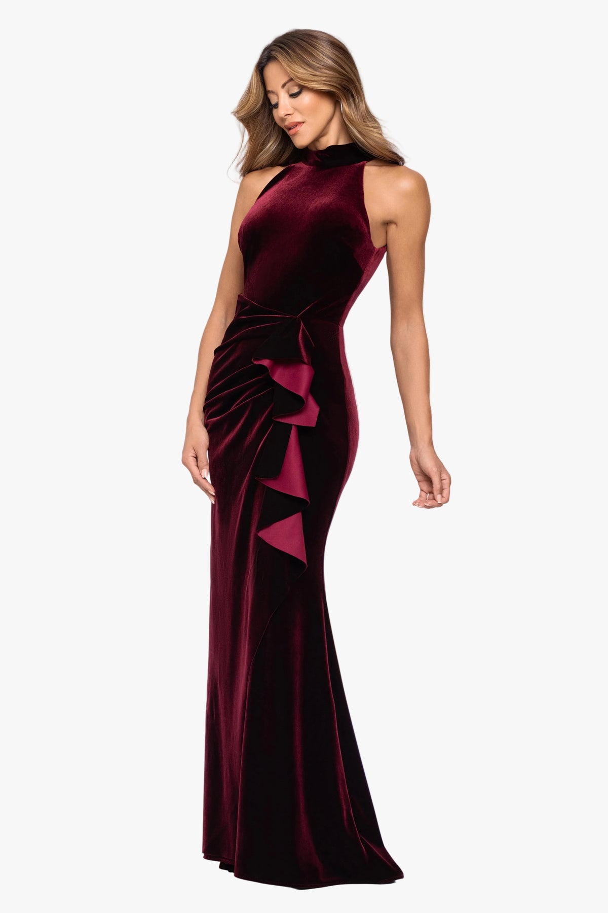 "Shelby" Stretch Velvet Side Ruched Ruffle Dress