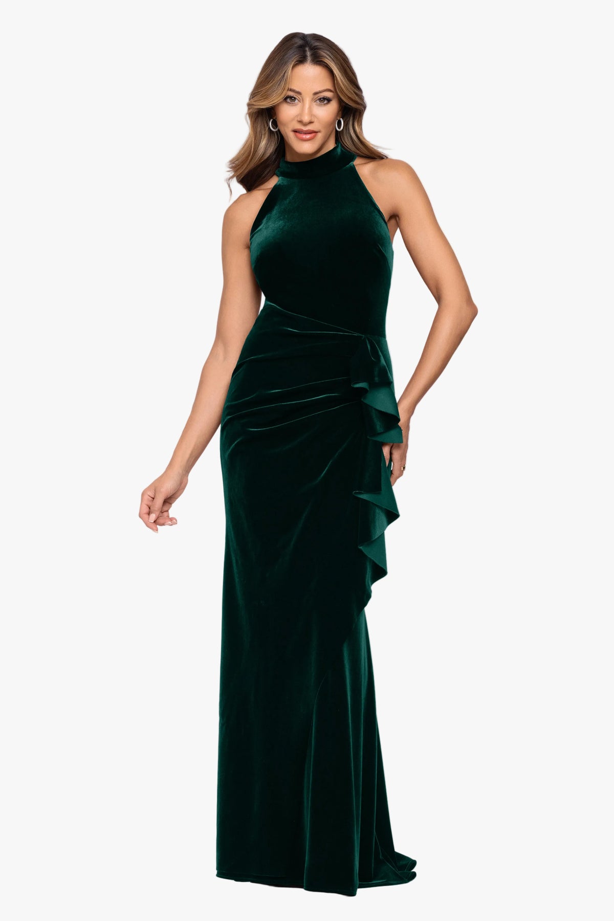 "Shelby" Stretch Velvet Side Ruched Ruffle Dress