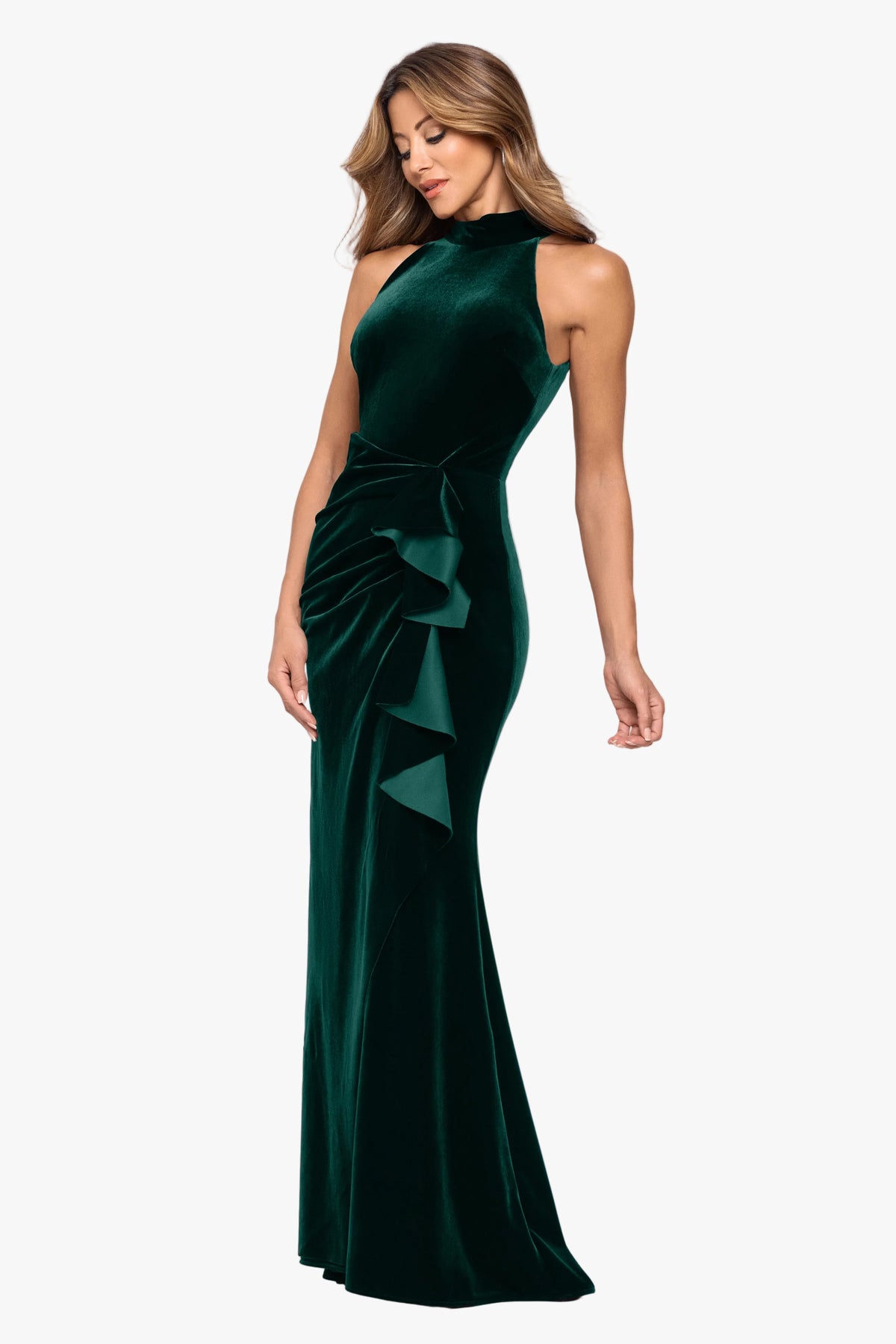 "Shelby" Stretch Velvet Side Ruched Ruffle Dress