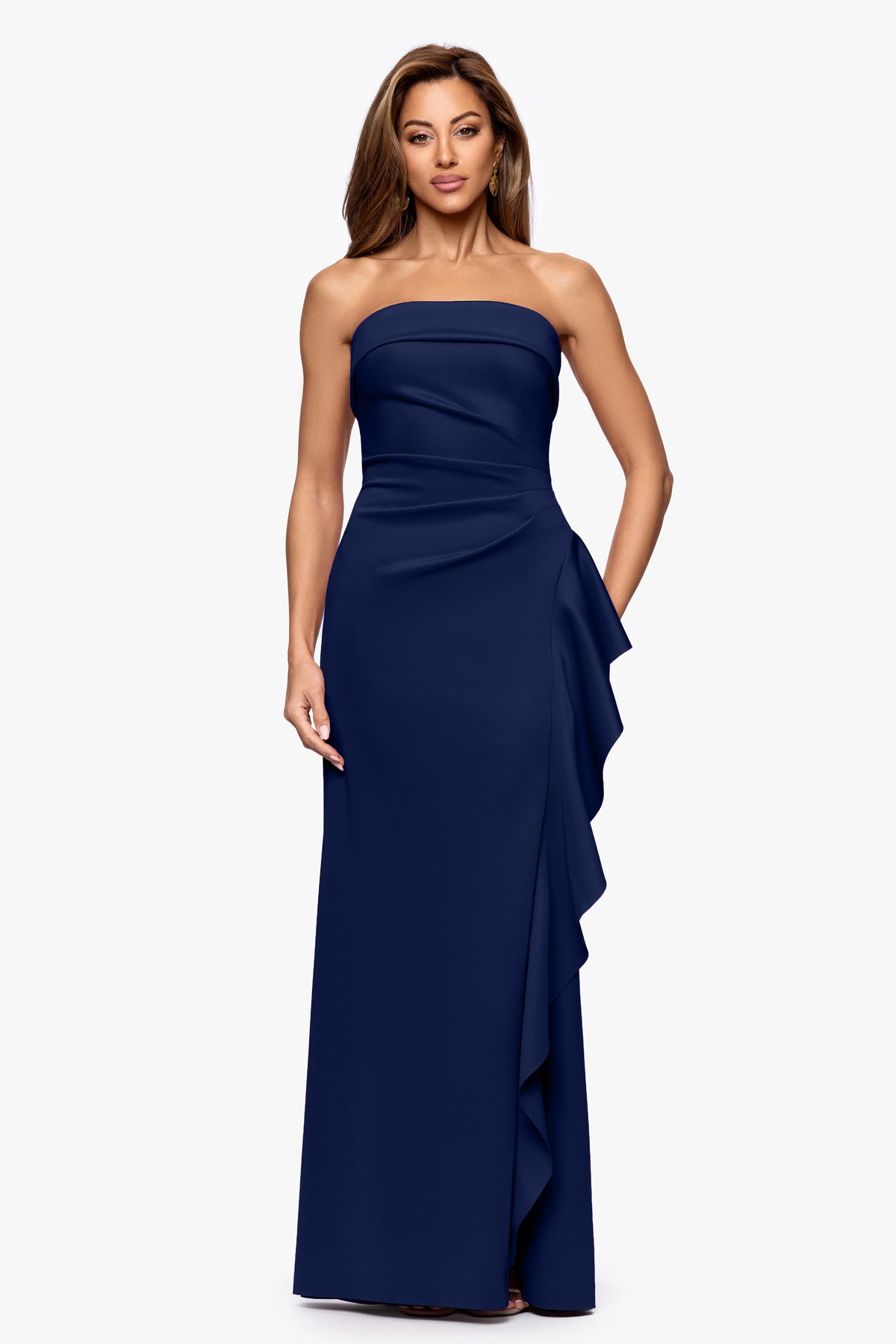 Petite "Jacqueline" Techno Scuba Strapless Ruffle Dress