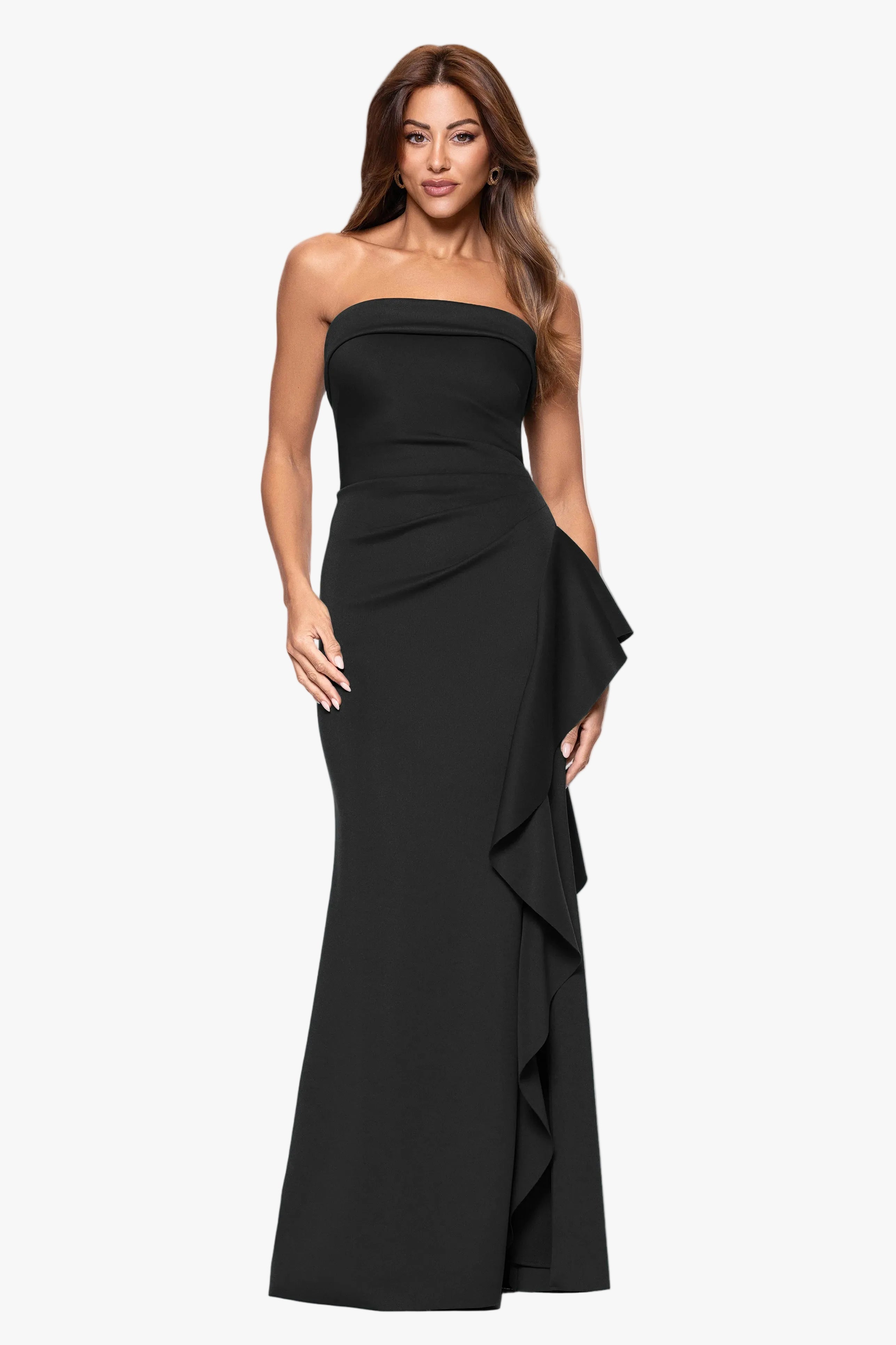 Petite "Jacqueline" Techno Scuba Strapless Ruffle Floor Length Dress