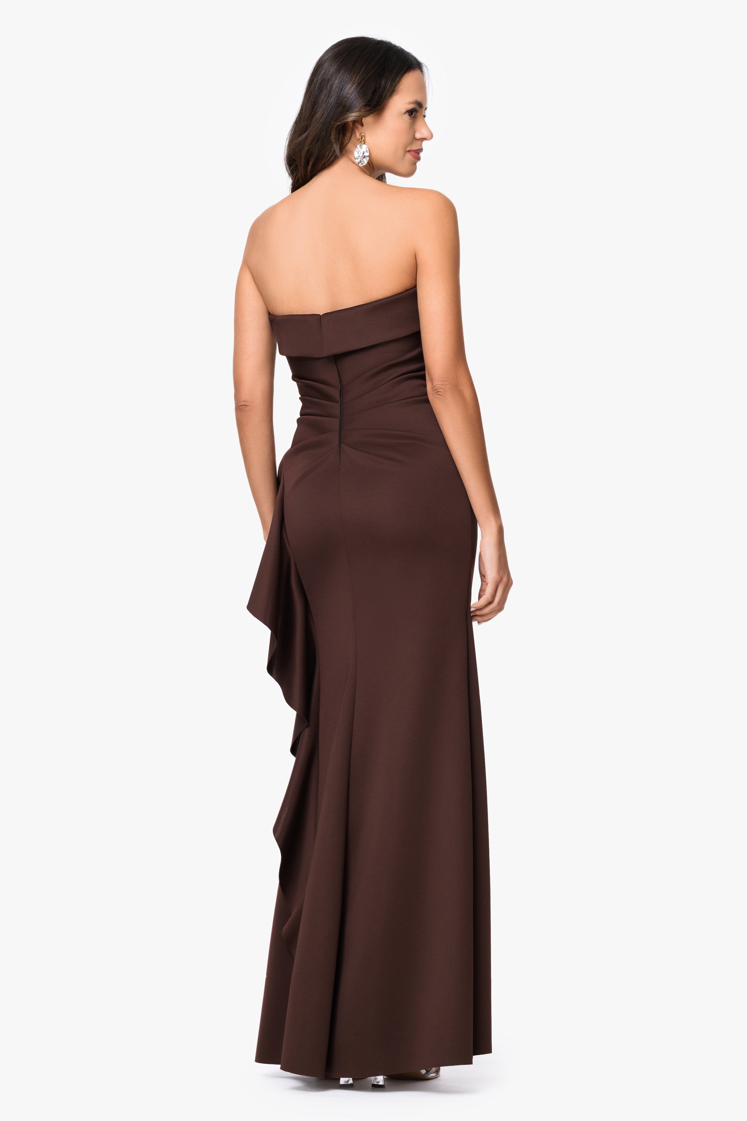 Petite "Jacqueline" Techno Scuba Strapless Ruffle Floor Length Dress
