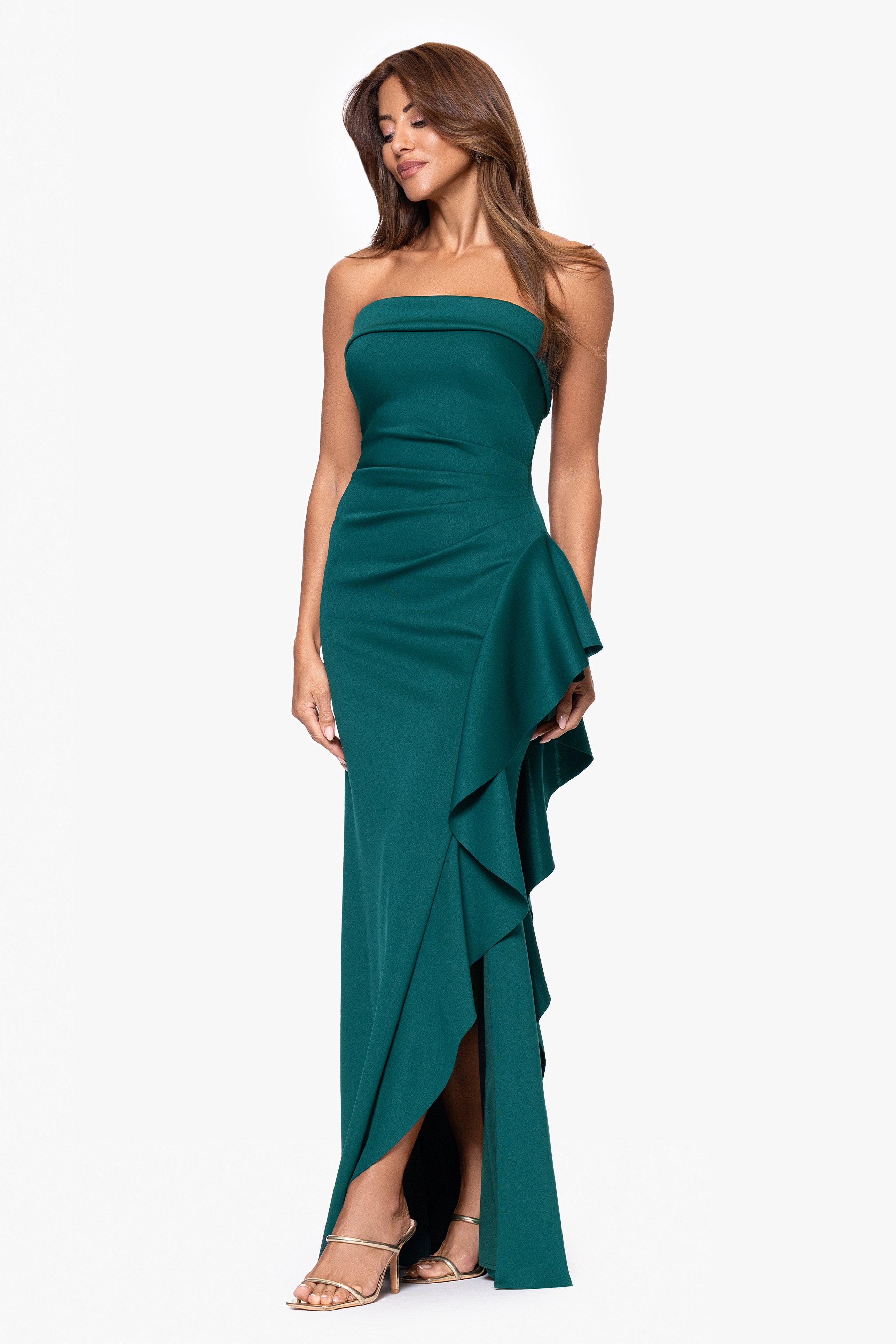 "Jacqueline" Techno Scuba Strapless Ruffle Floor Length Dress
