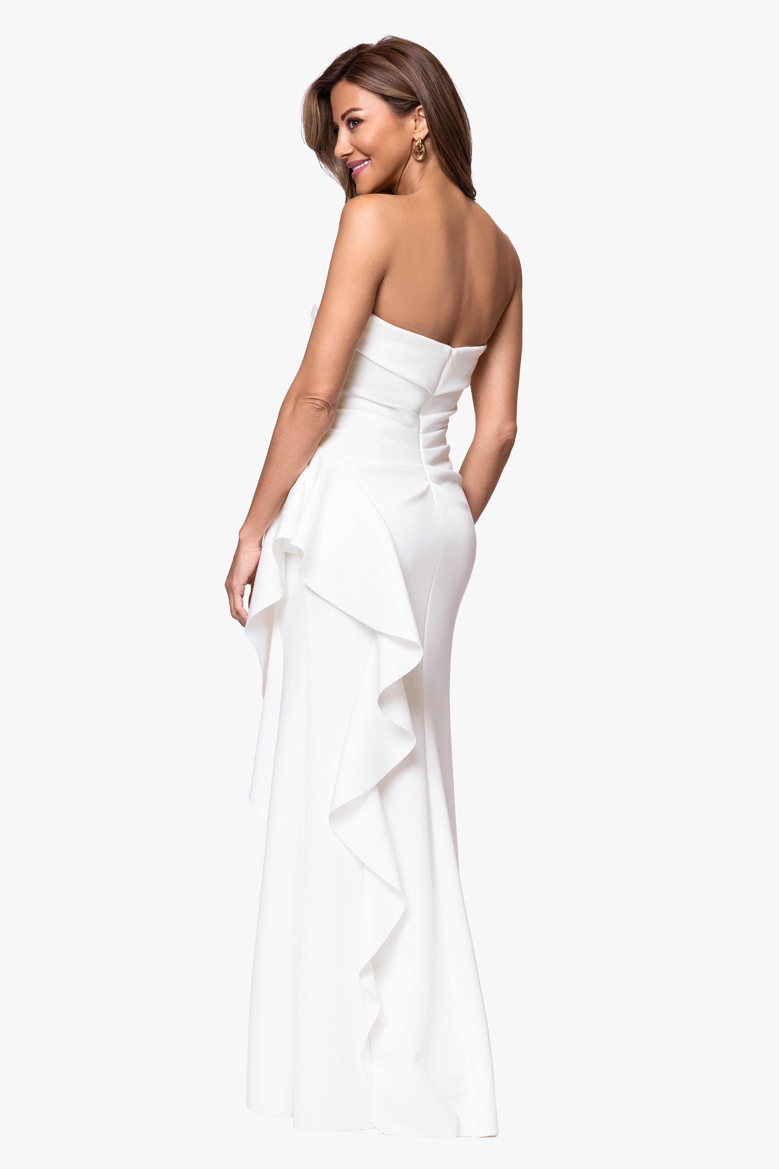 "Jacqueline" Techno Scuba Strapless Ruffle Floor Length Dress