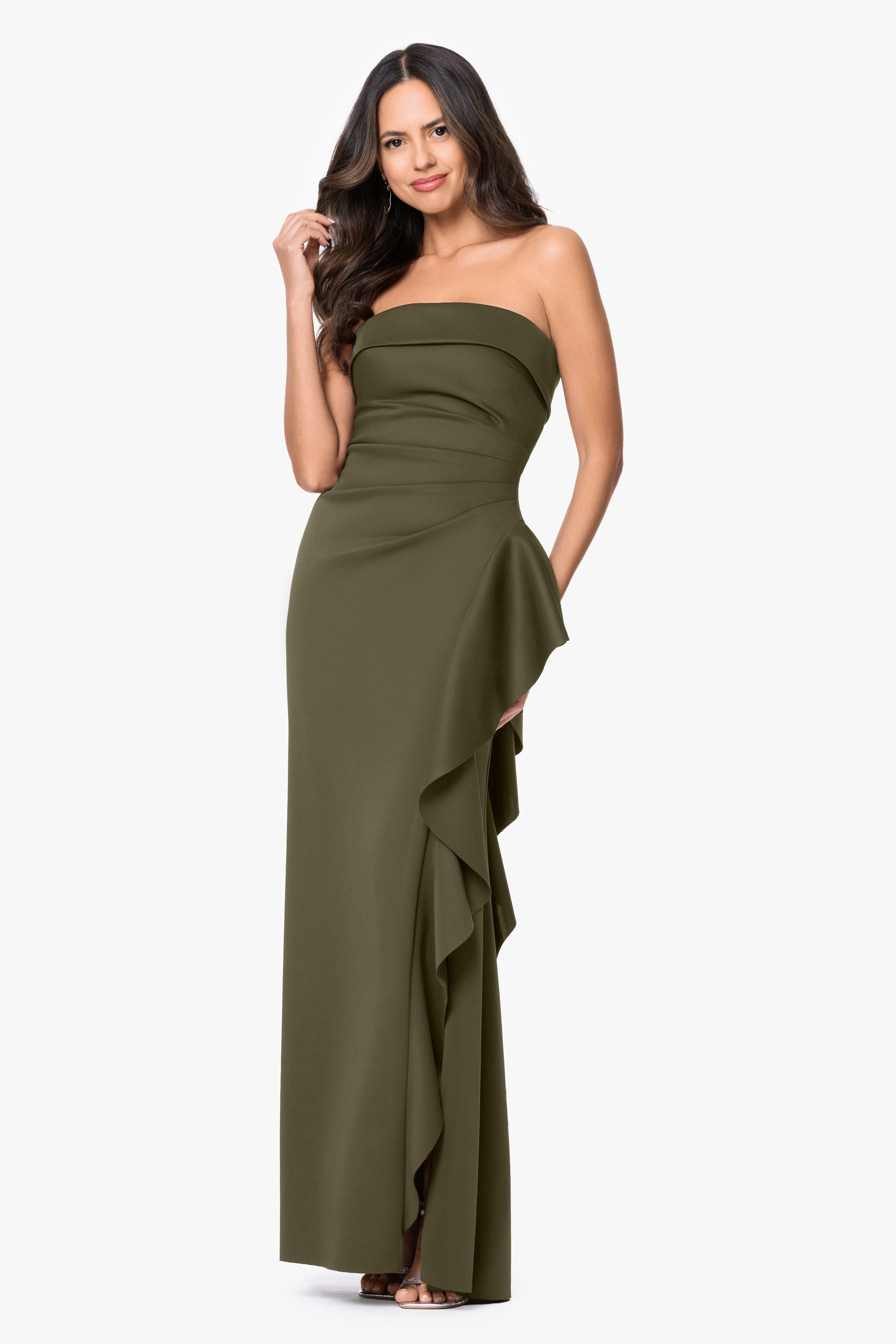 Petite "Jacqueline" Techno Scuba Strapless Ruffle Dress