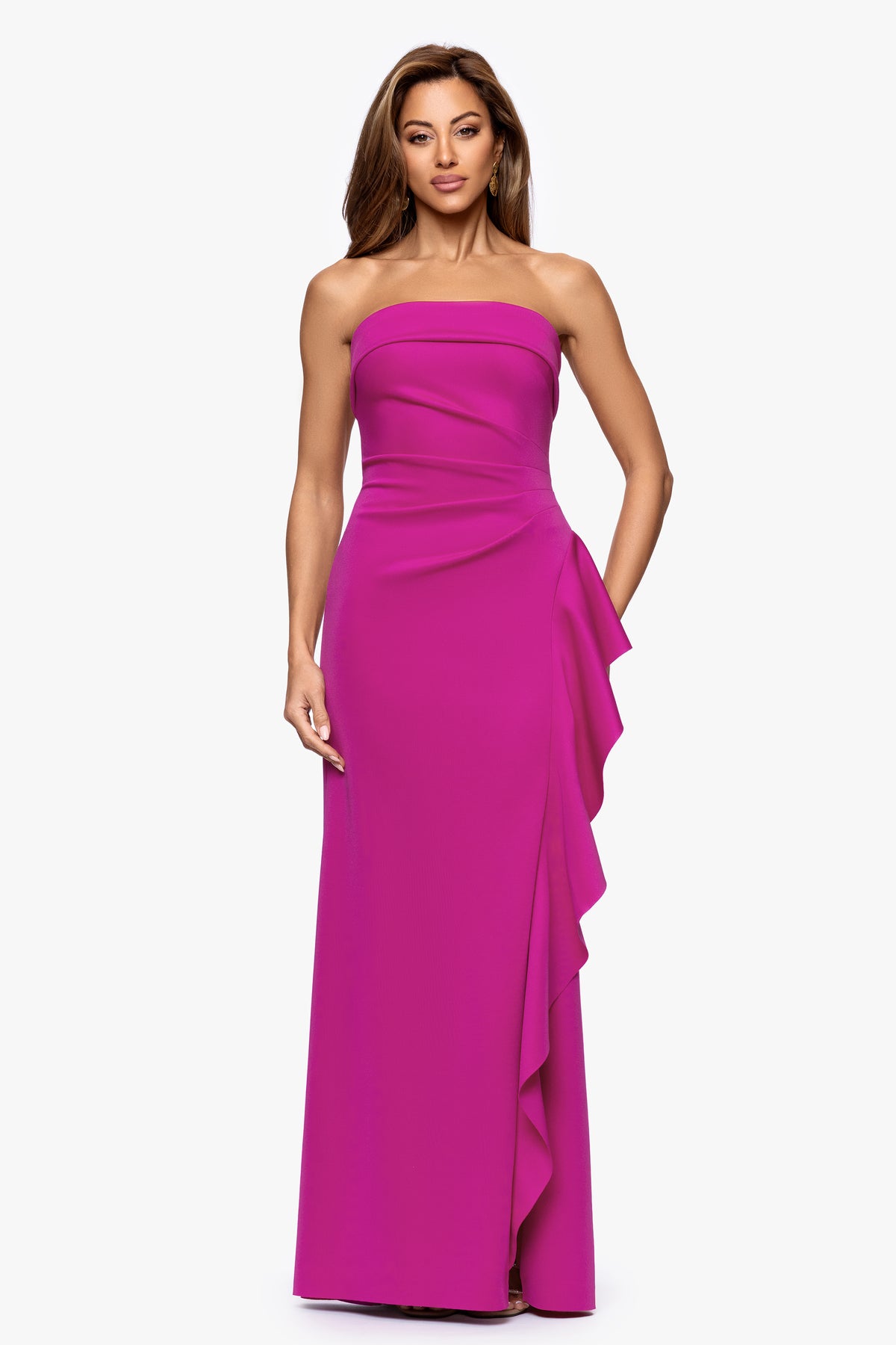 "Jacqueline" Techno Scuba Strapless Ruffle Dress