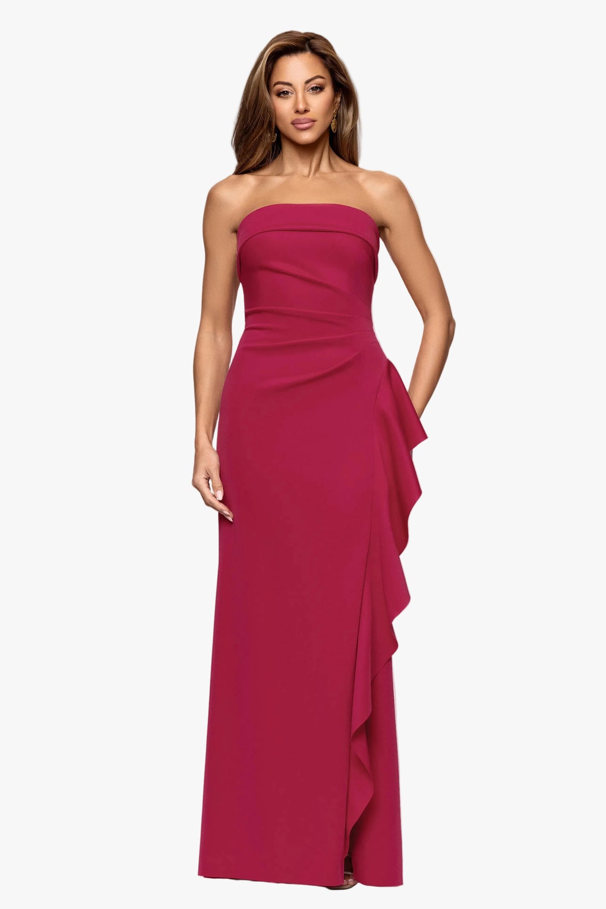 "Jacqueline" Techno Scuba Strapless Ruffle Dress