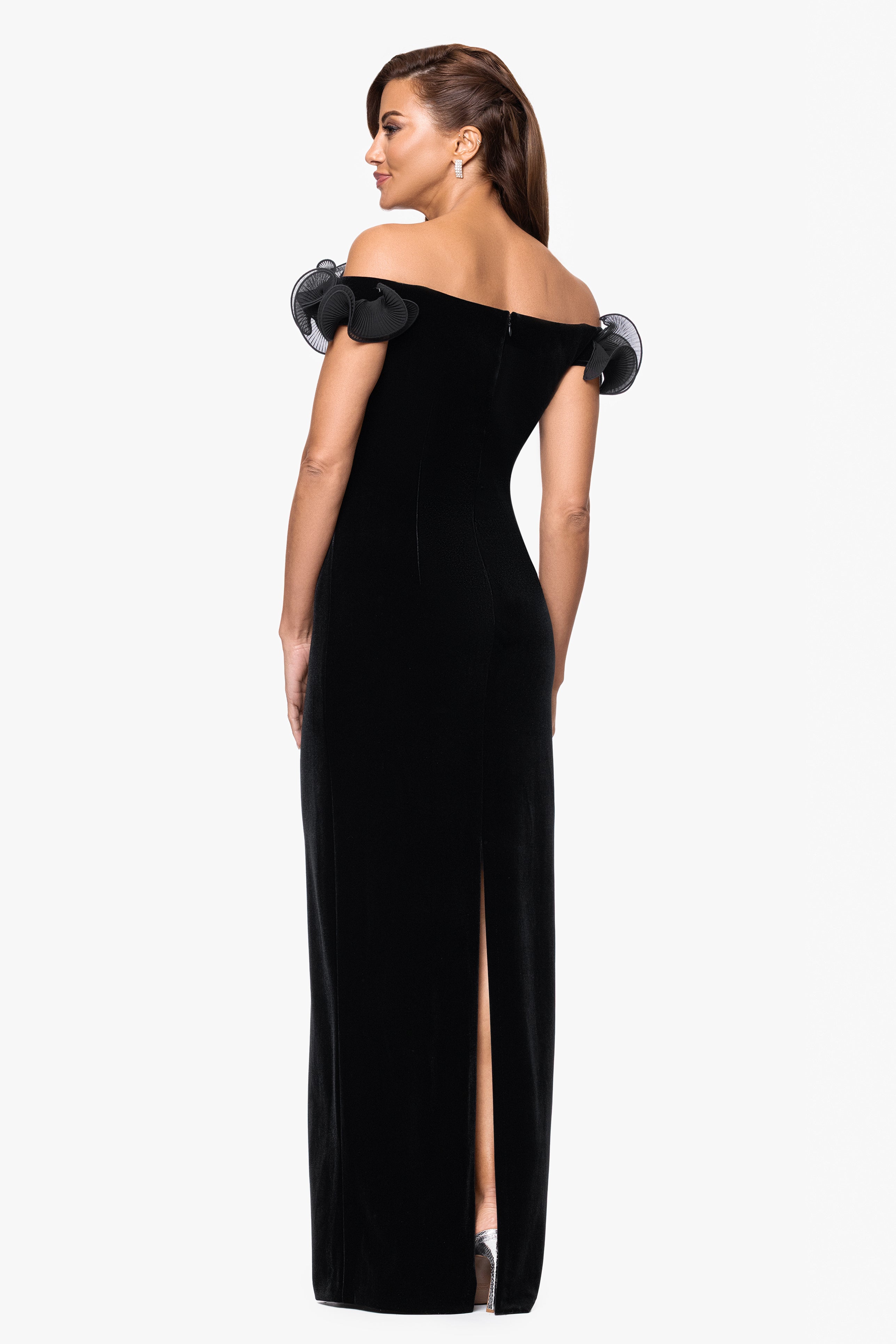 Petite "Tammie" Velvet Off the Shoulder Ruffle Dress
