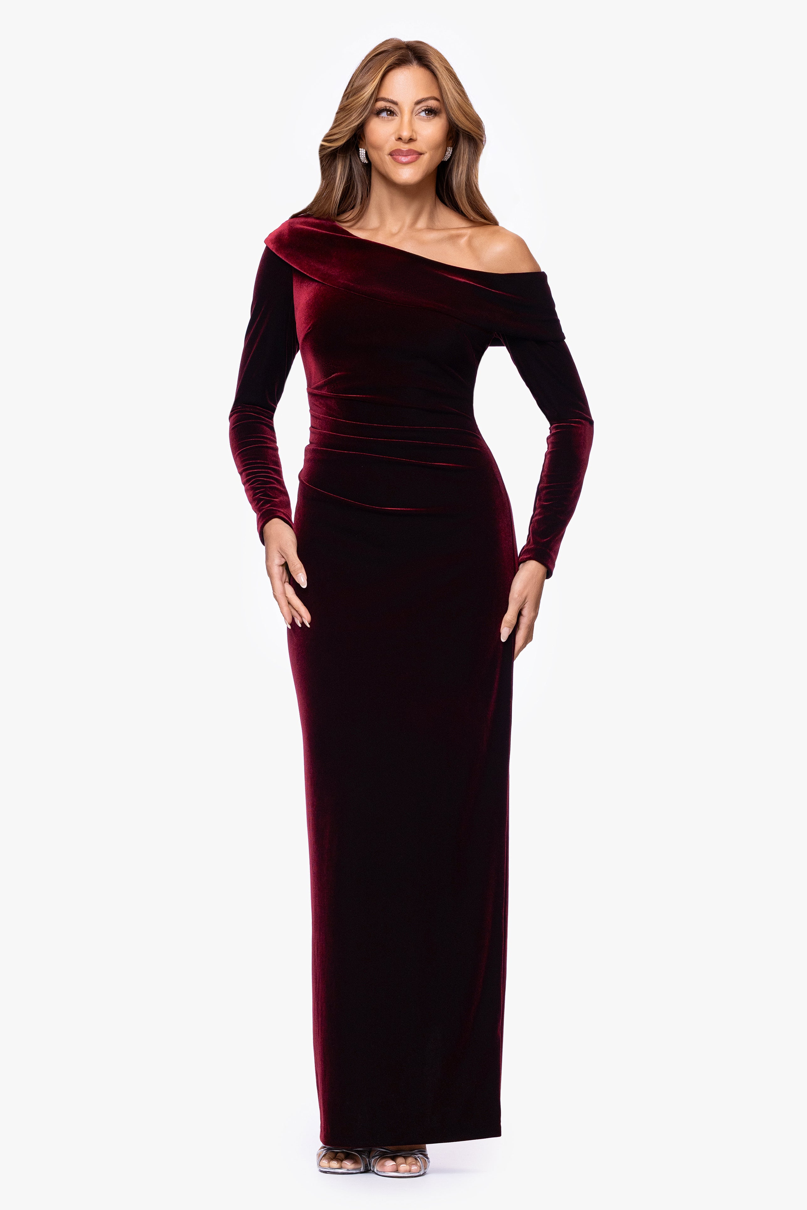 "Claira" Velvet Off the Shoulder Long Sleeve Floor Length Dress