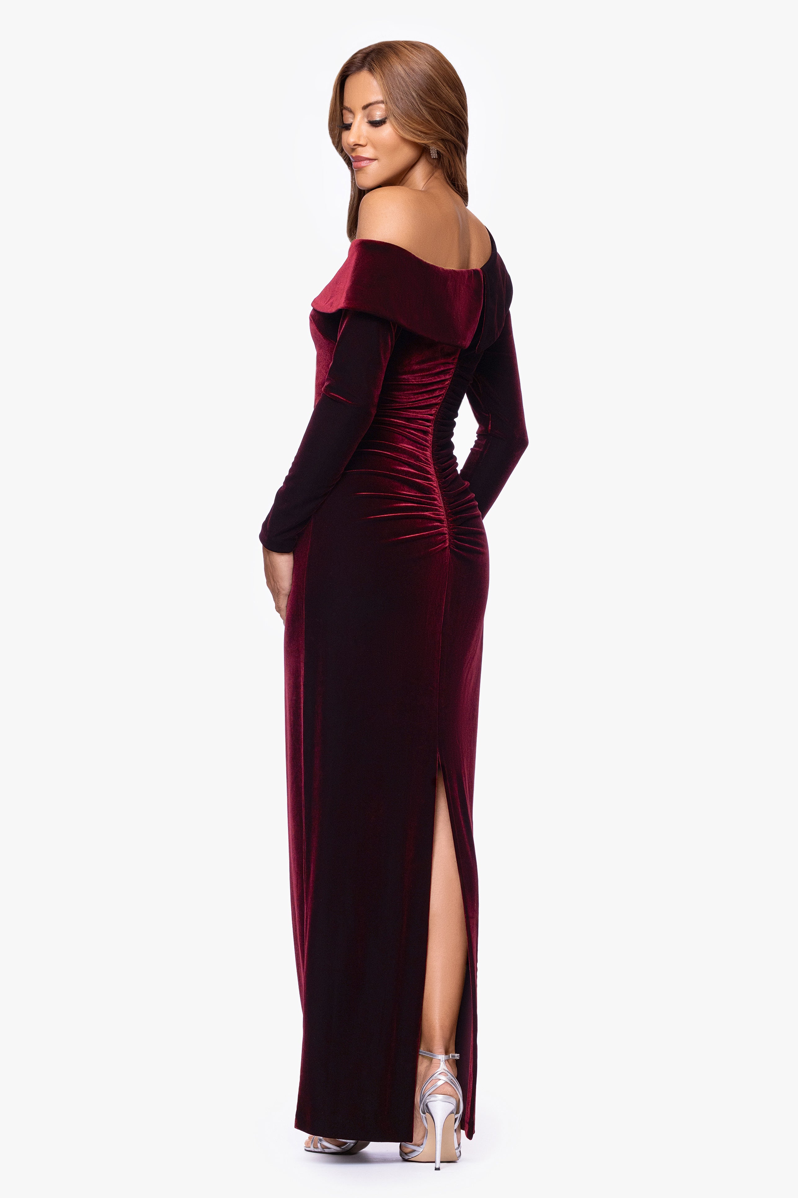 "Claira" Velvet Off the Shoulder Long Sleeve Floor Length Dress
