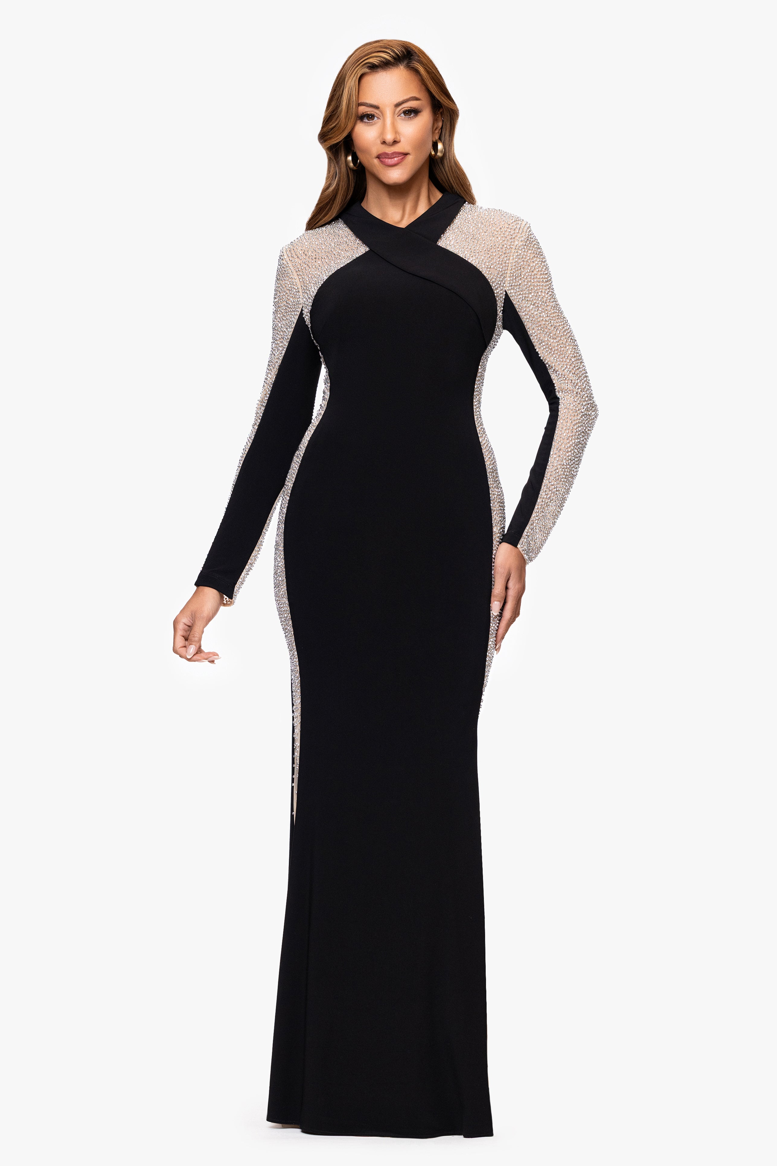 Olena" Caviar Beaded Jersey Knit Long Sleeve Floor Length Dress