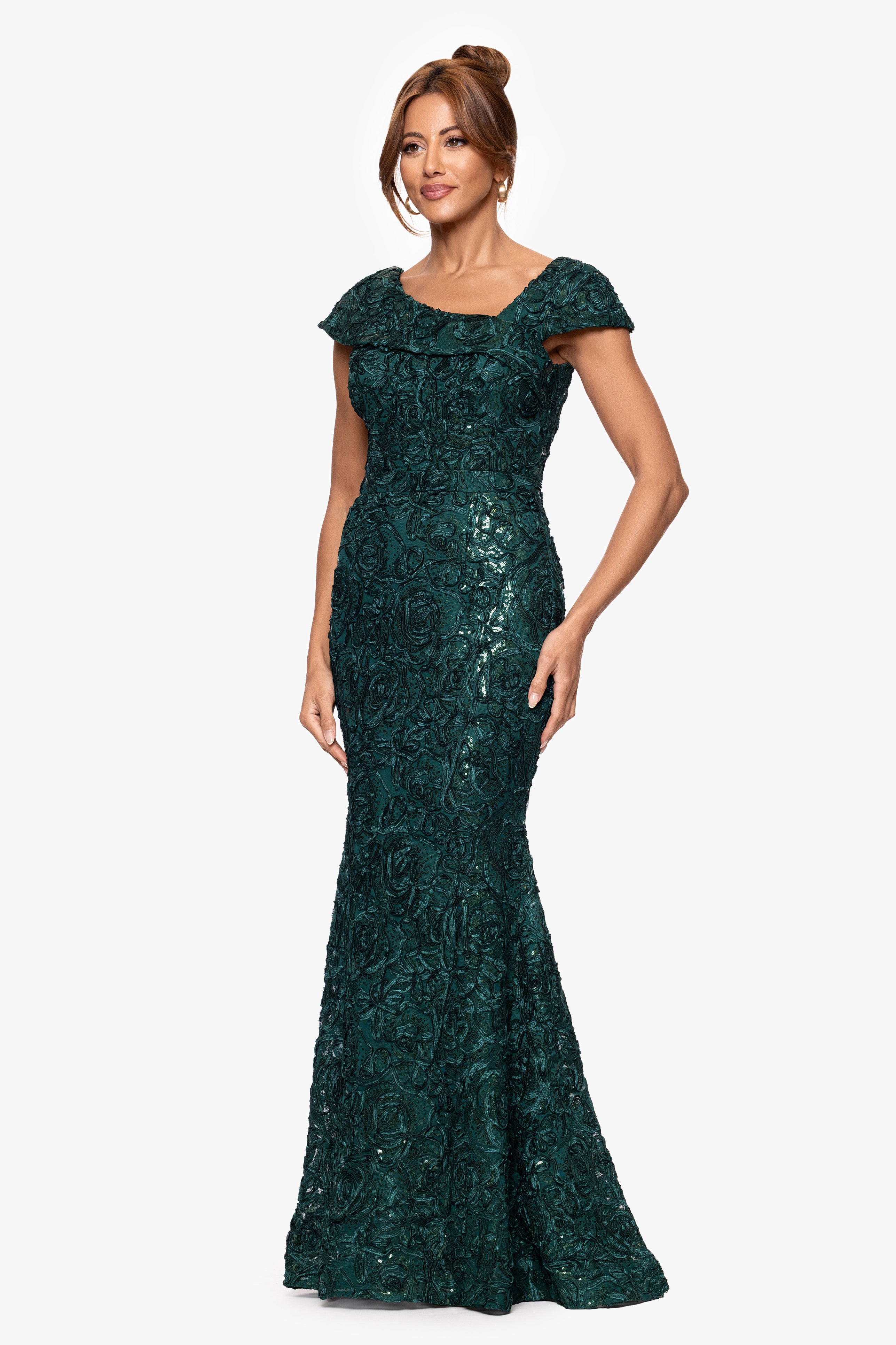 "Viviana" Soutache Cap Sleeve Asymmetric Neckline Floor Length Dress