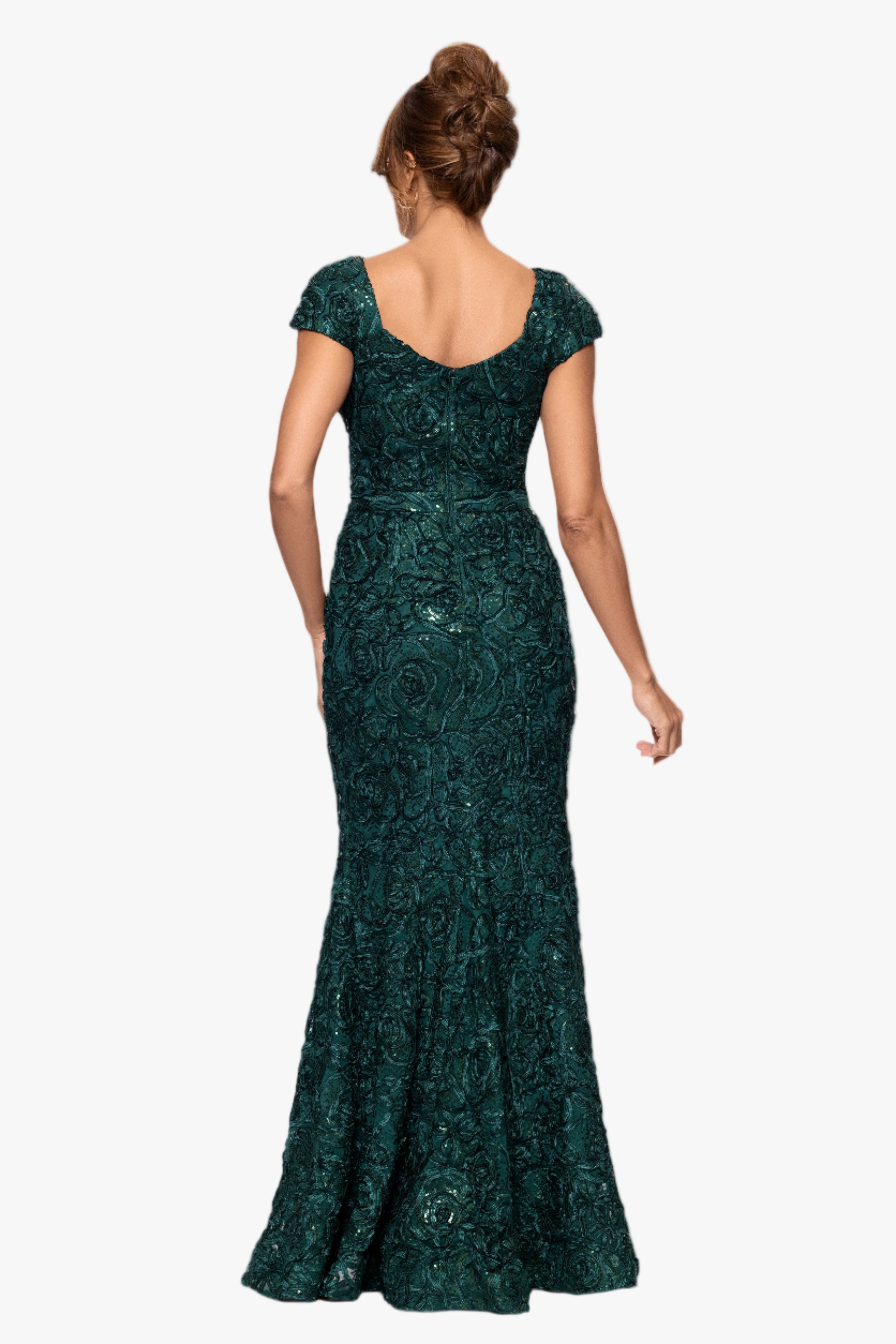 "Viviana" Soutache Cap Sleeve Asymmetric Neckline Floor Length Dress