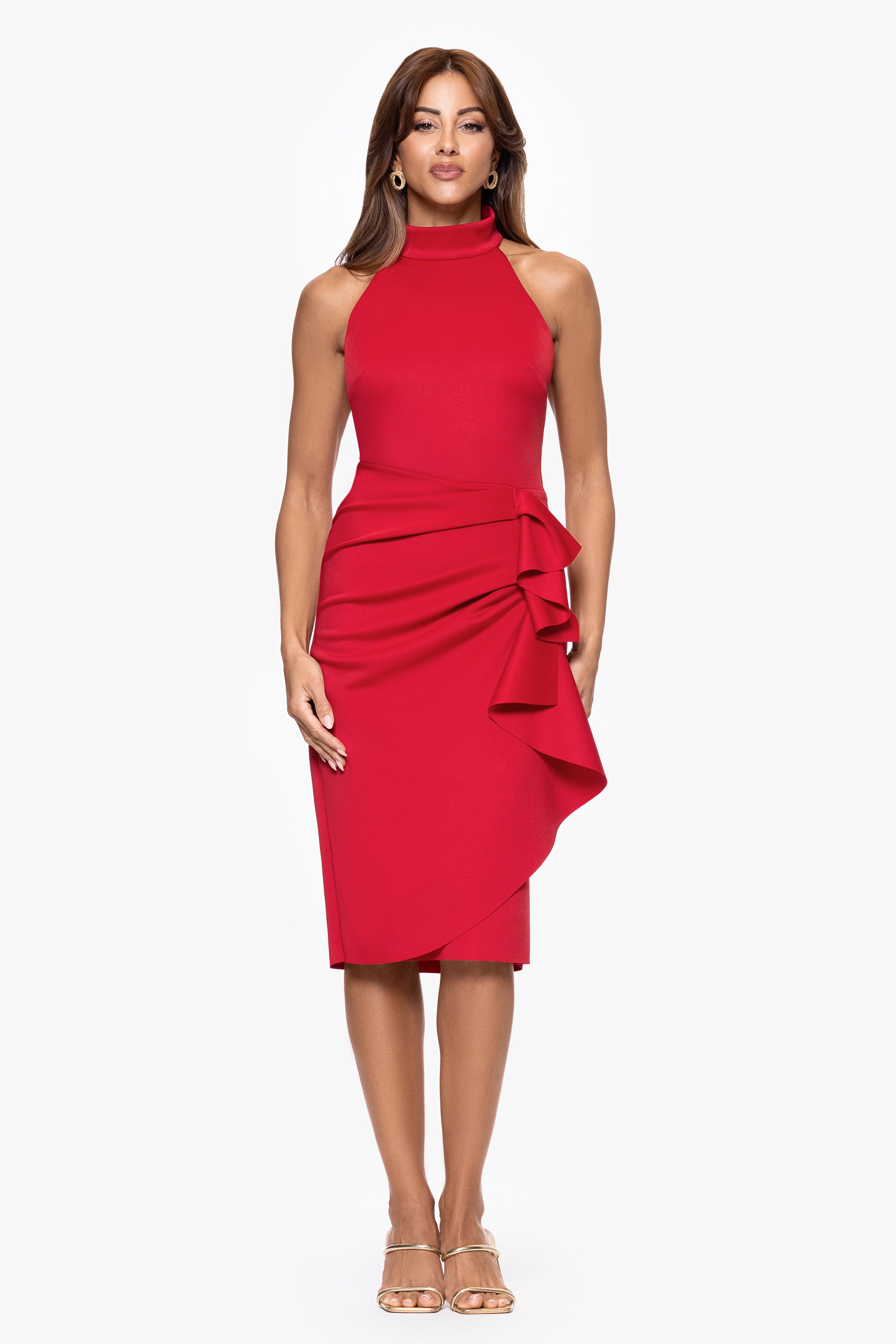 "Sophie" Techno Scuba Ruffle Knee Length Dress