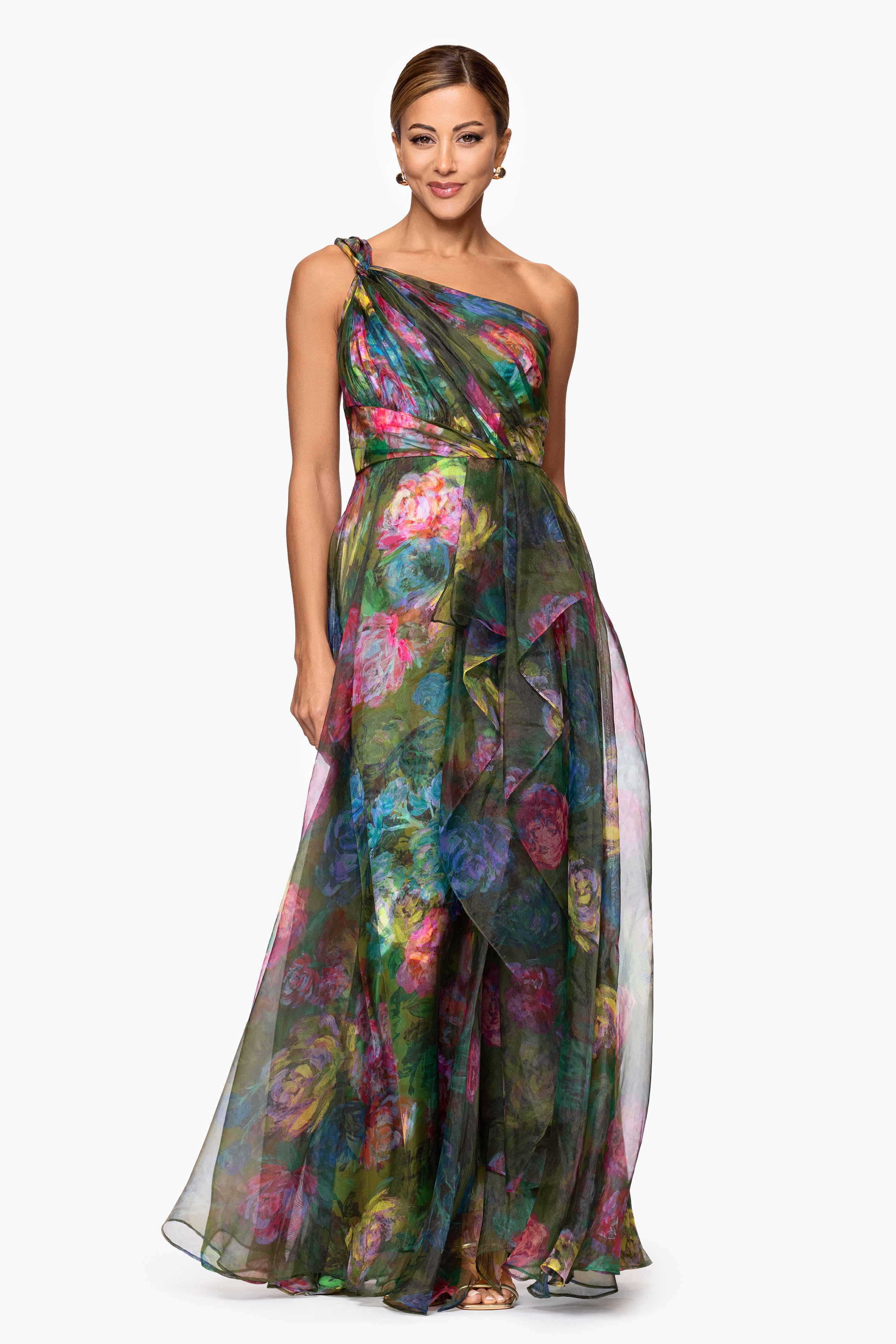 "Vera" Print Organza One Shoulder Floor Dress