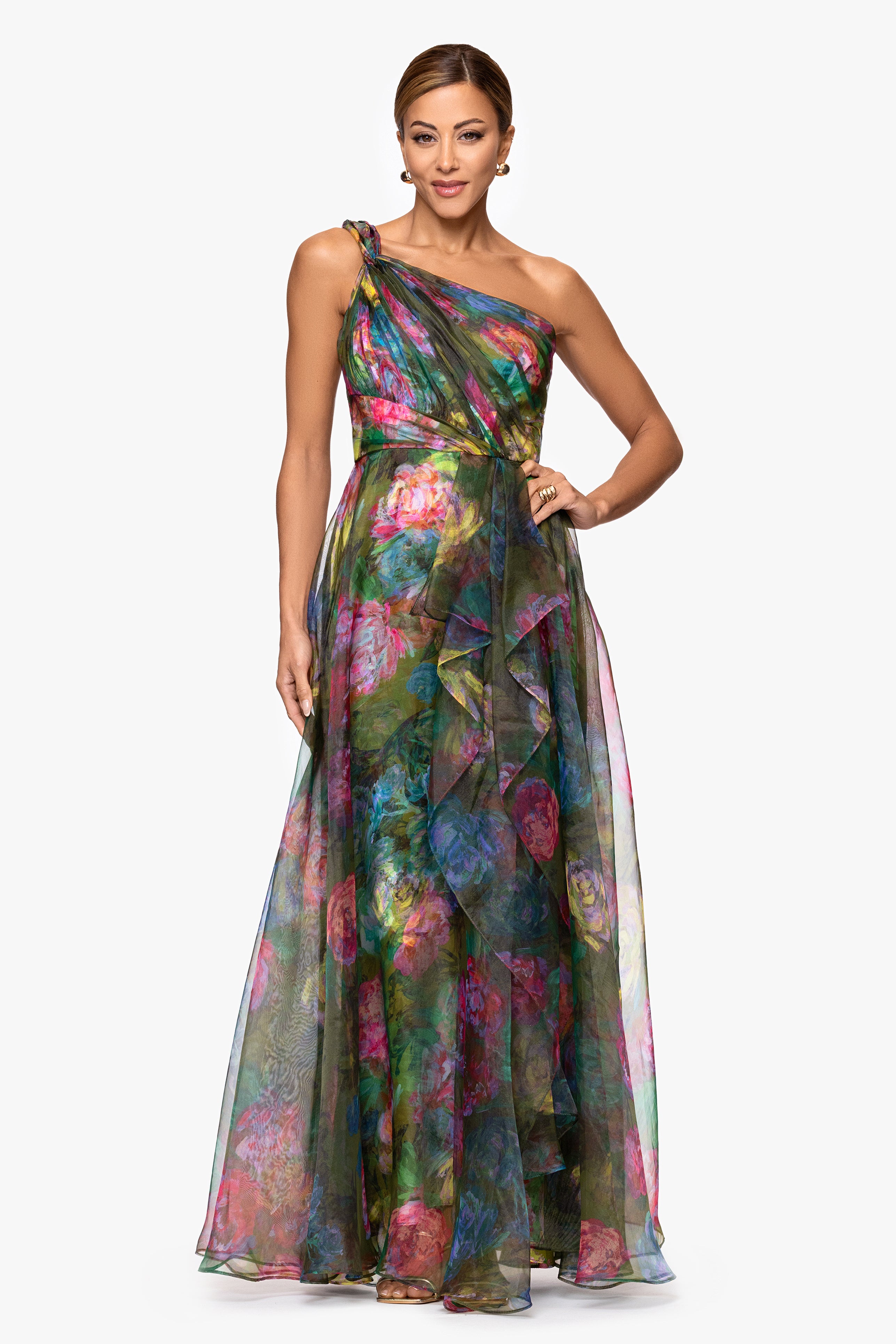 "Vera" Print Organza One Shoulder Floor Dress
