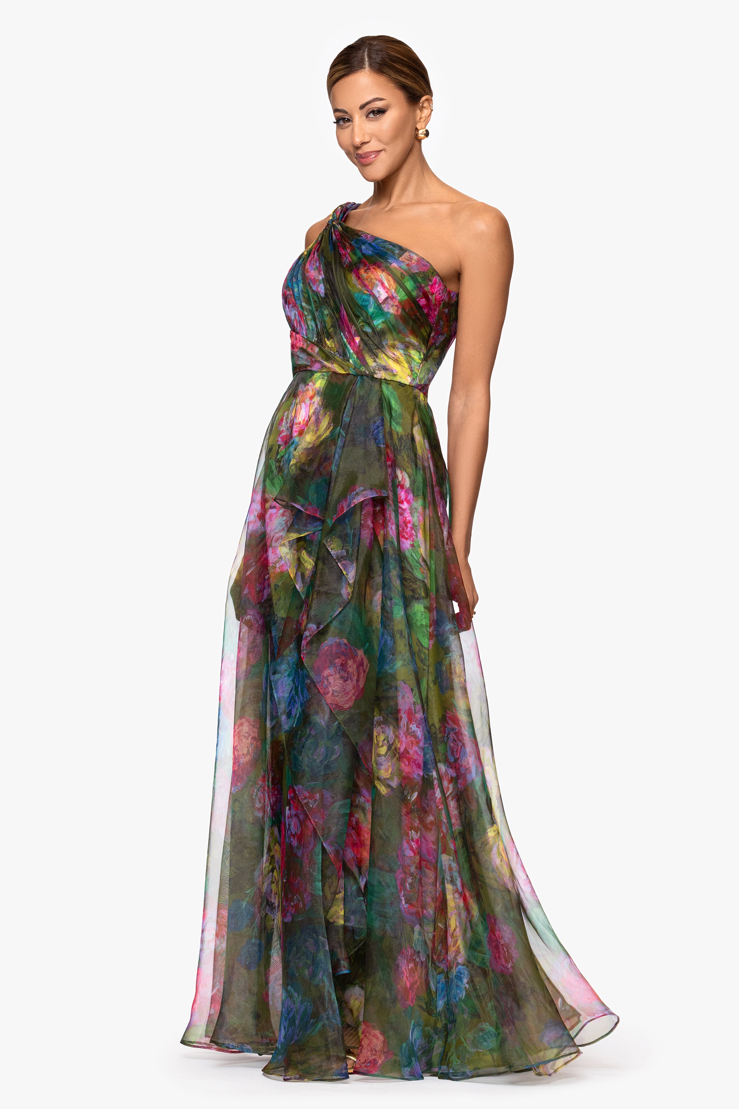 "Vera" Print Organza One Shoulder Floor Dress