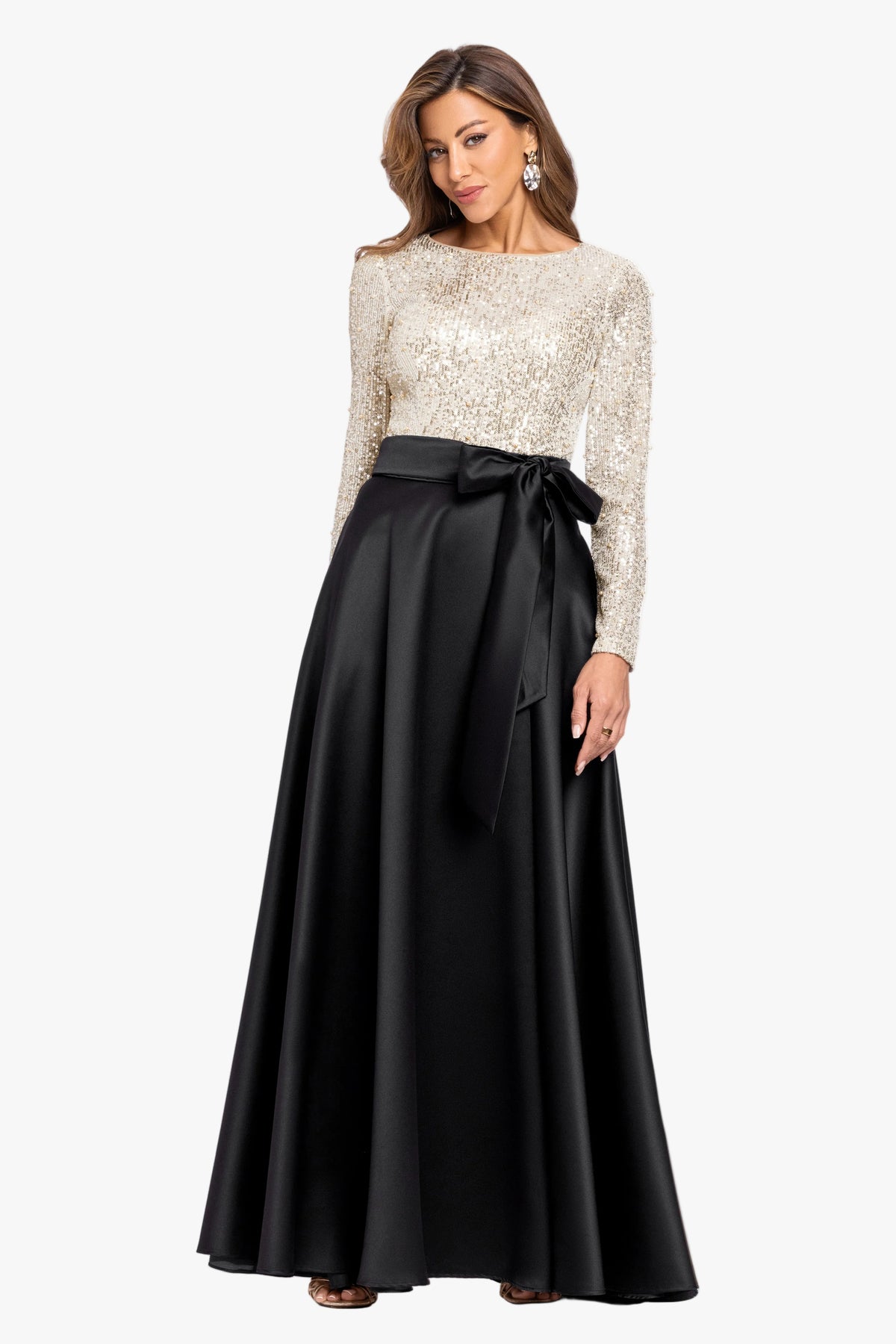 "Amanda" Satin Skirt and Sequin Bodice Long Sleeve Dress