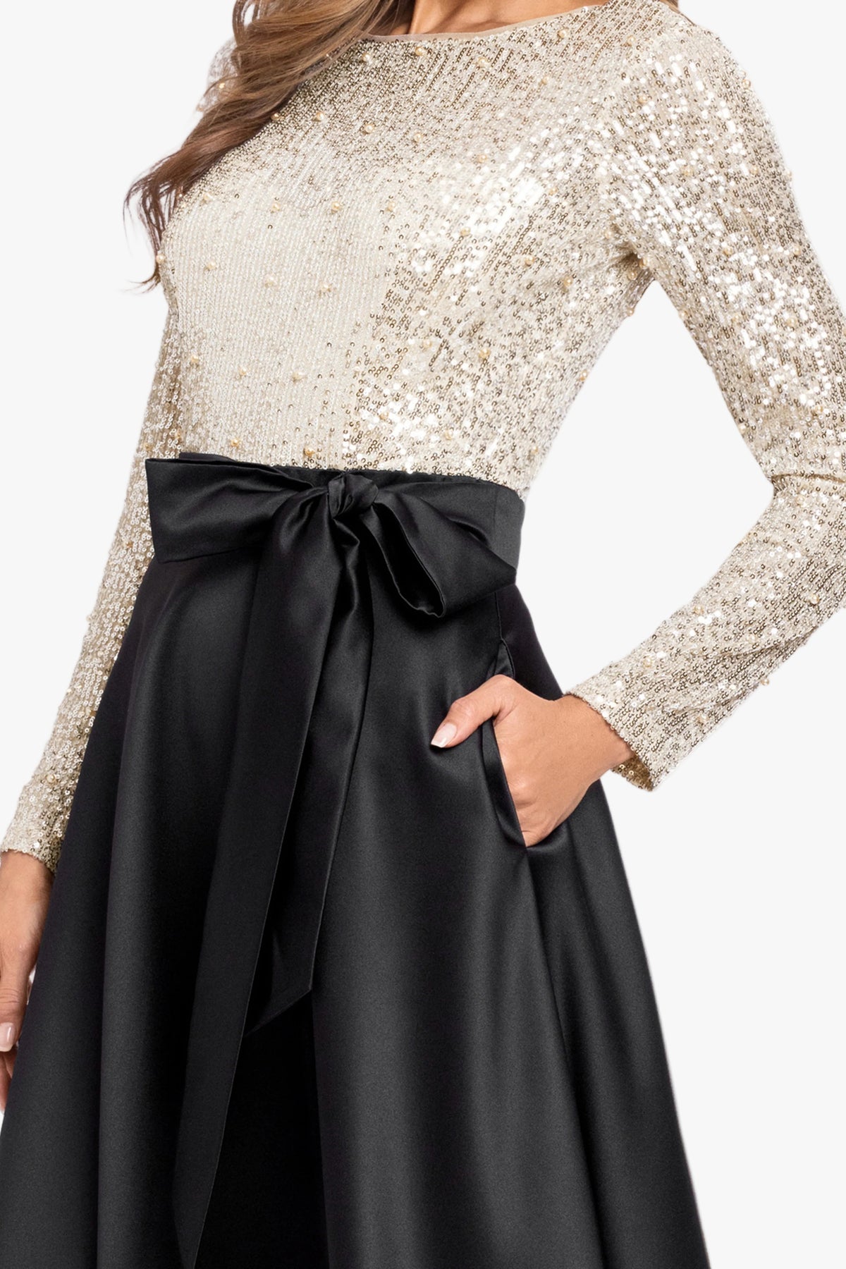 "Amanda" Satin Skirt and Sequin Bodice Long Sleeve Dress