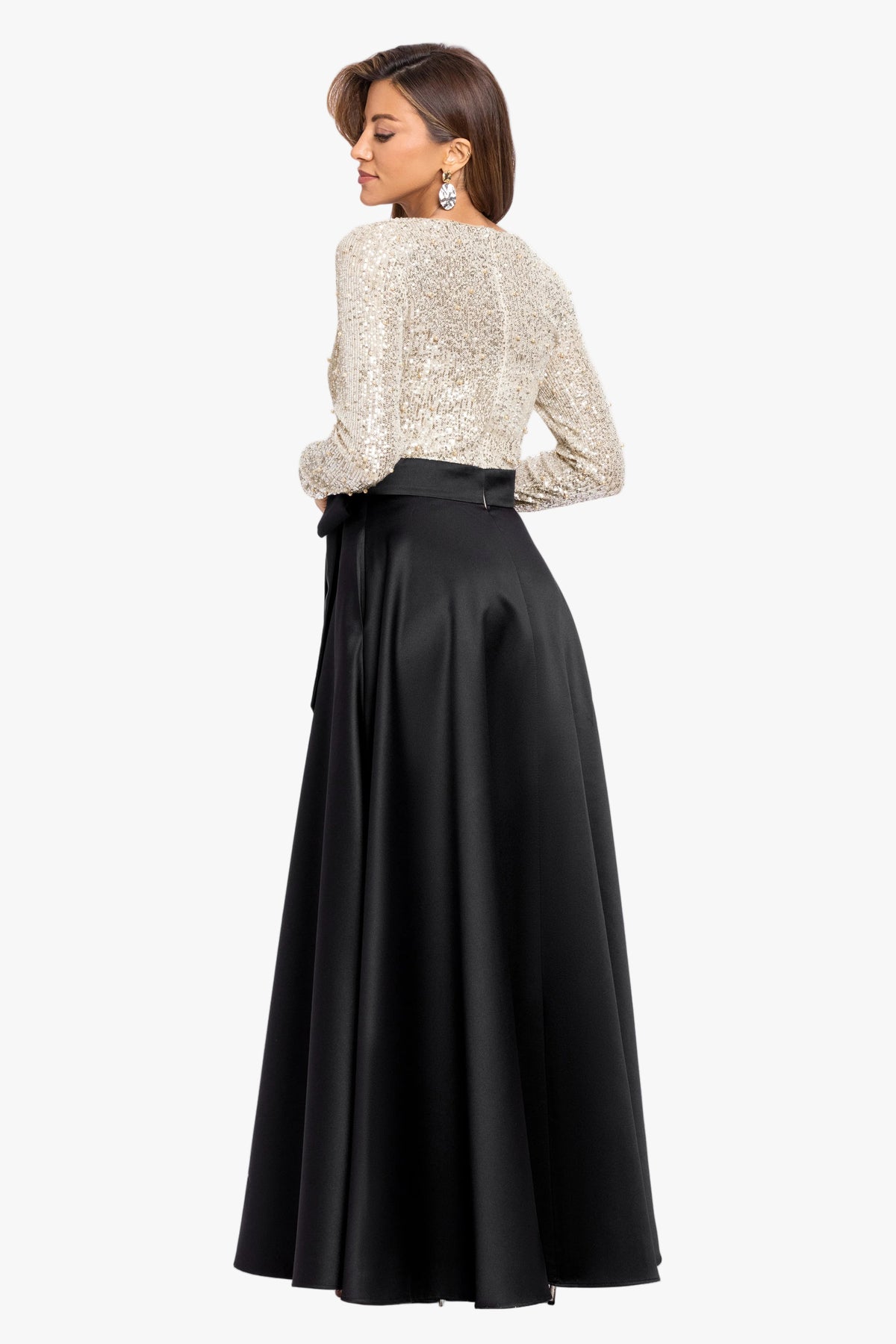 "Amanda" Satin Skirt and Sequin Bodice Long Sleeve Dress