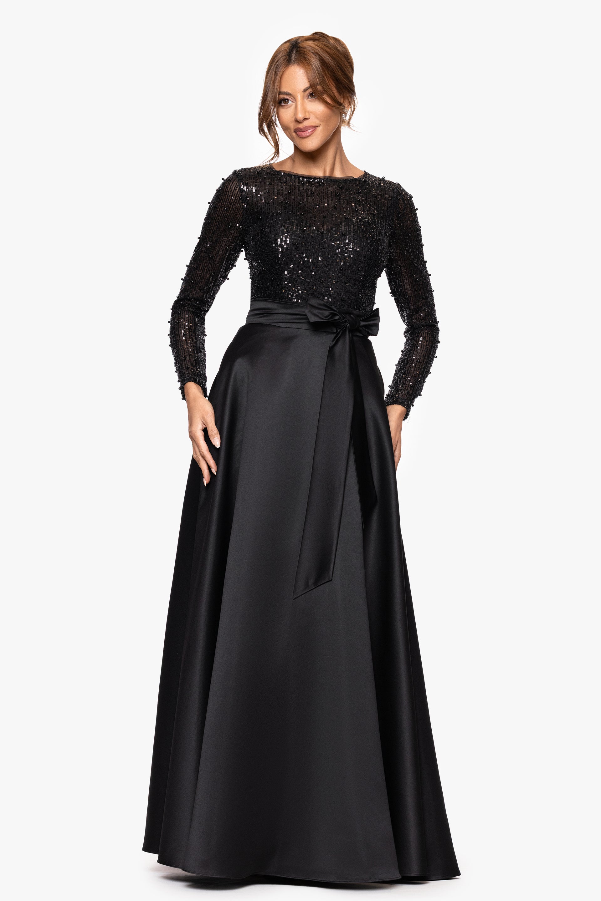 "Isabel" Satin Skirt Sequin Bodice Long Sleeve Dress