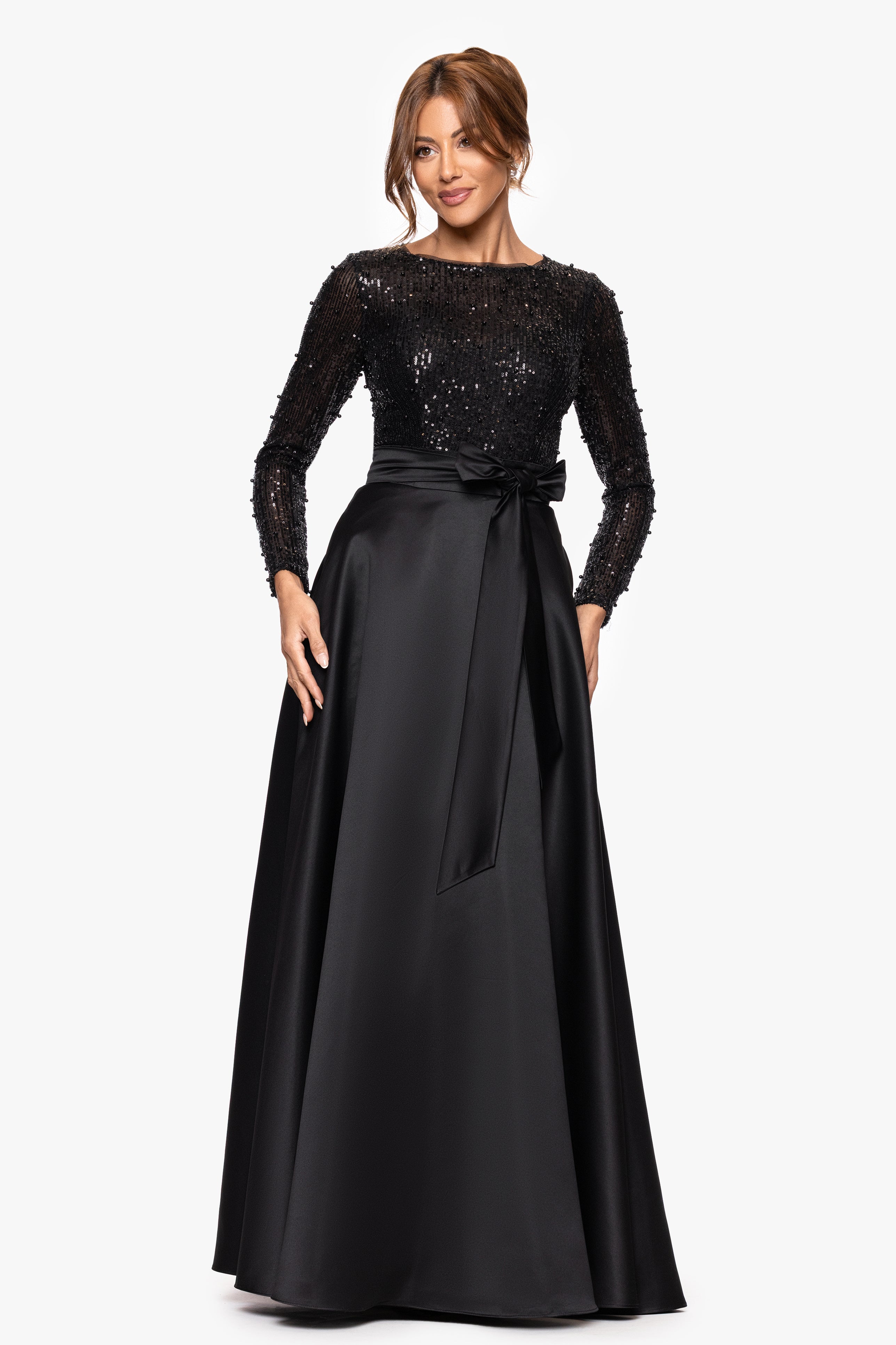 "Isabel" Satin Skirt and Sequin Bodice Long Sleeve Floor Length Dress