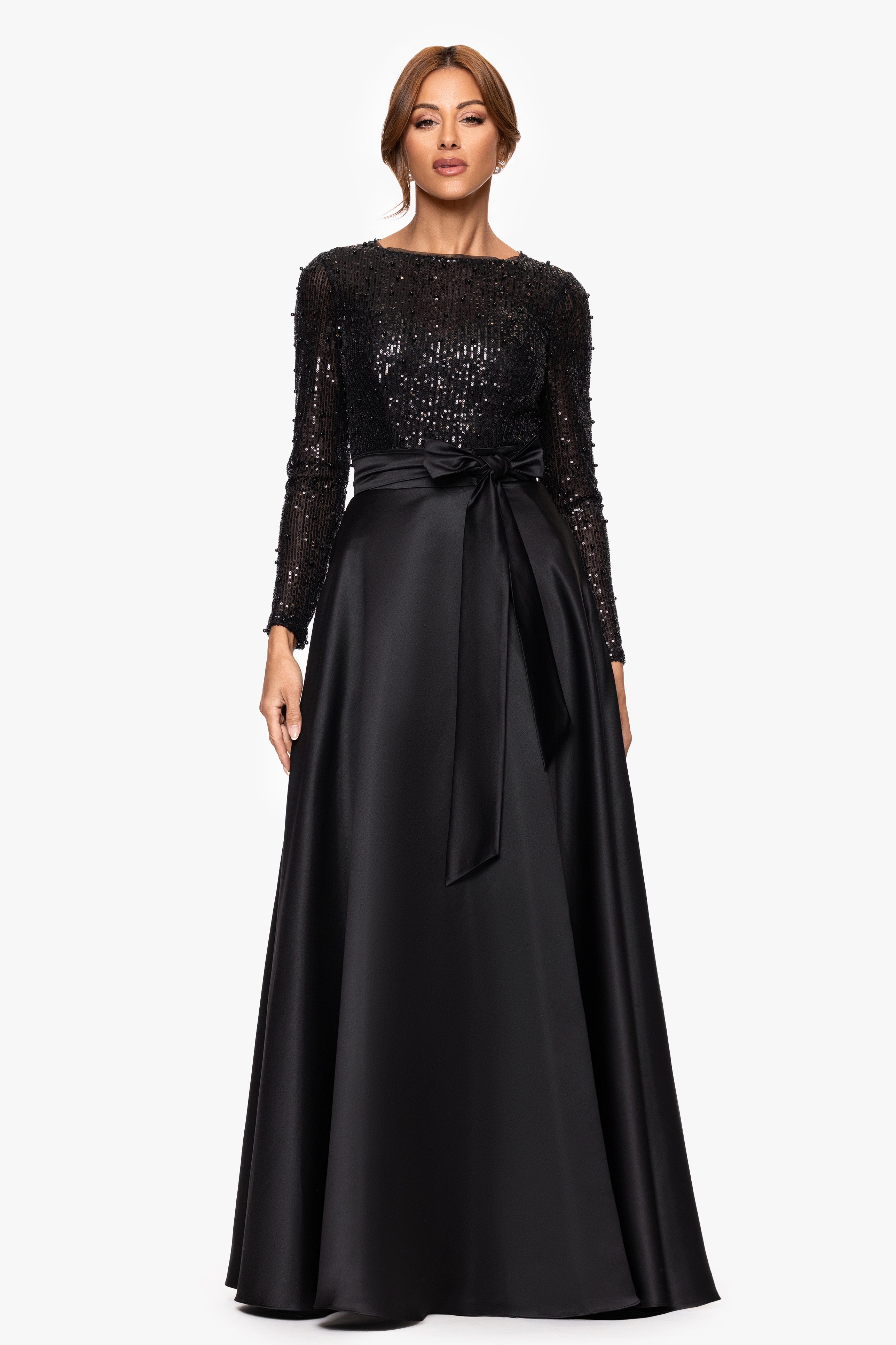 "Isabel" Satin Skirt and Sequin Bodice Long Sleeve Floor Length Dress