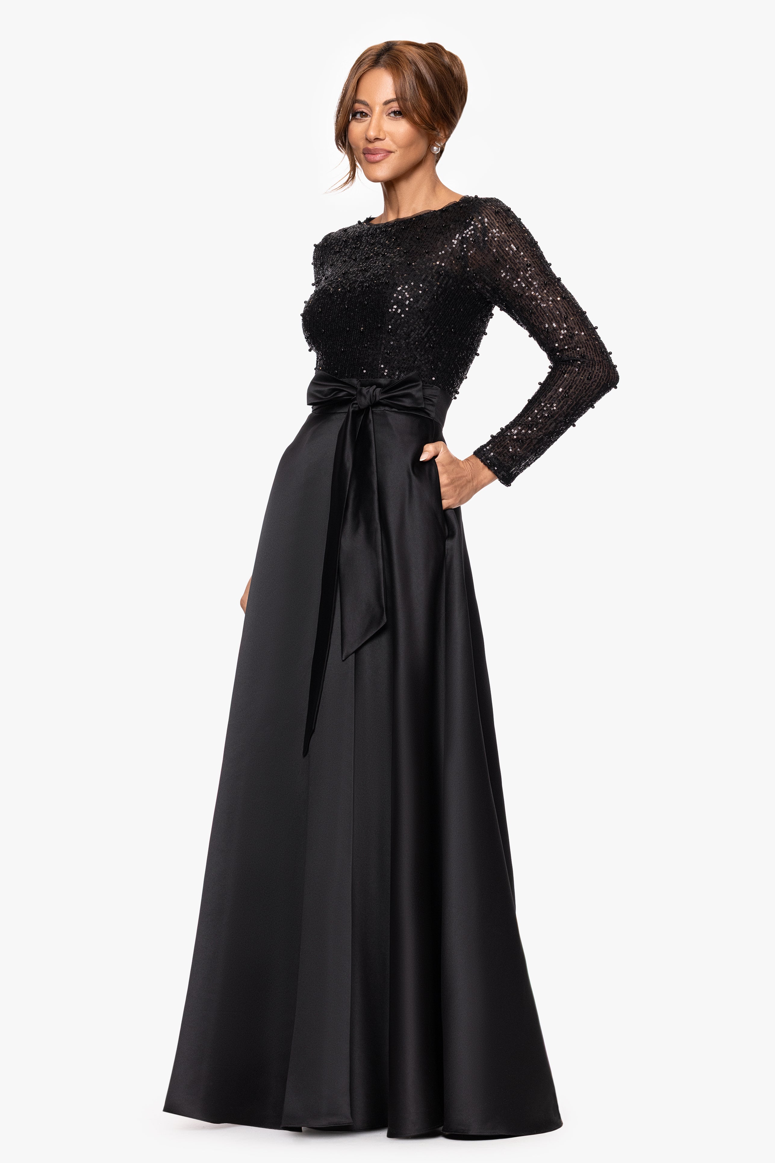 "Isabel" Satin Skirt and Sequin Bodice Long Sleeve Floor Length Dress