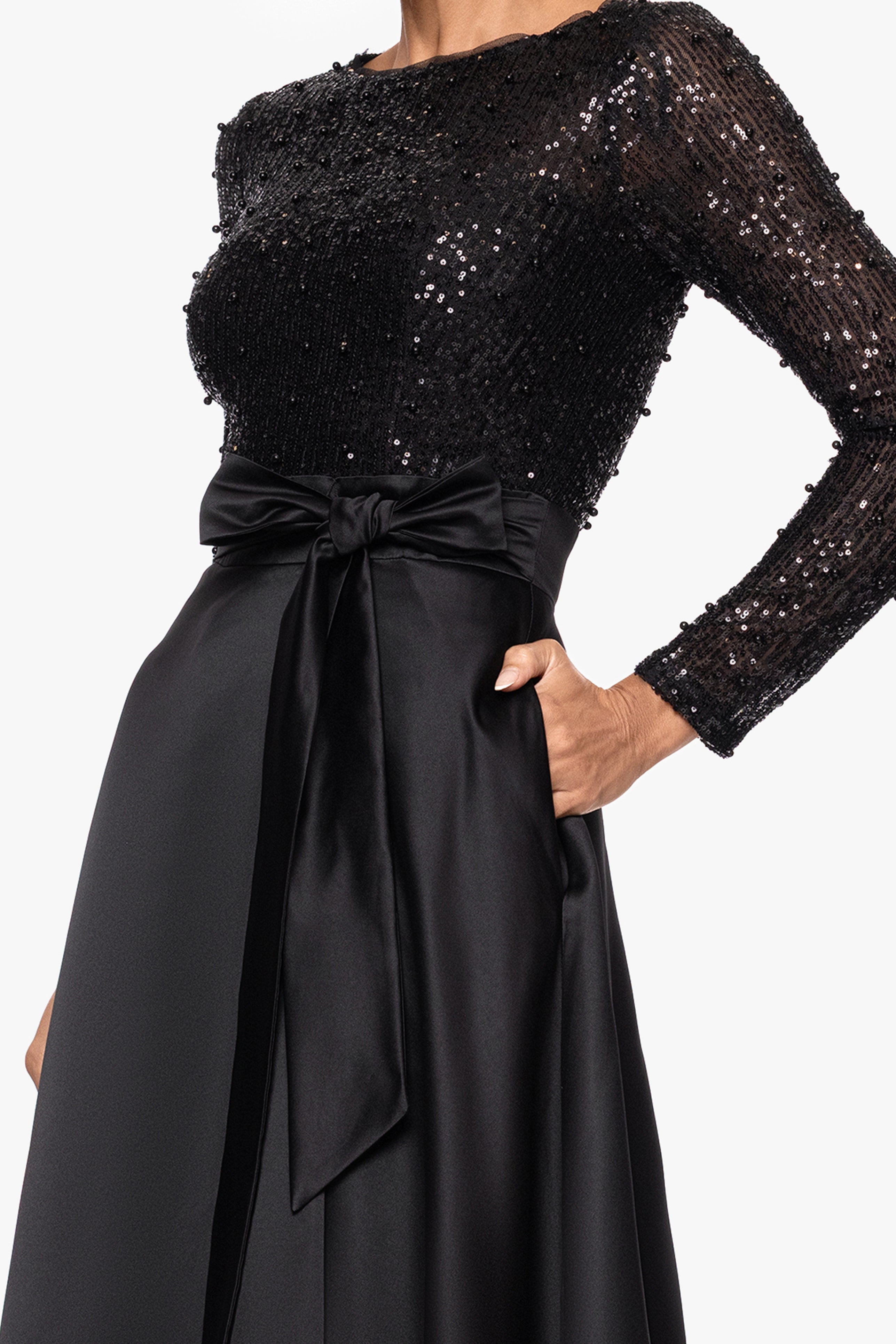 "Isabel" Satin Skirt and Sequin Bodice Long Sleeve Floor Length Dress