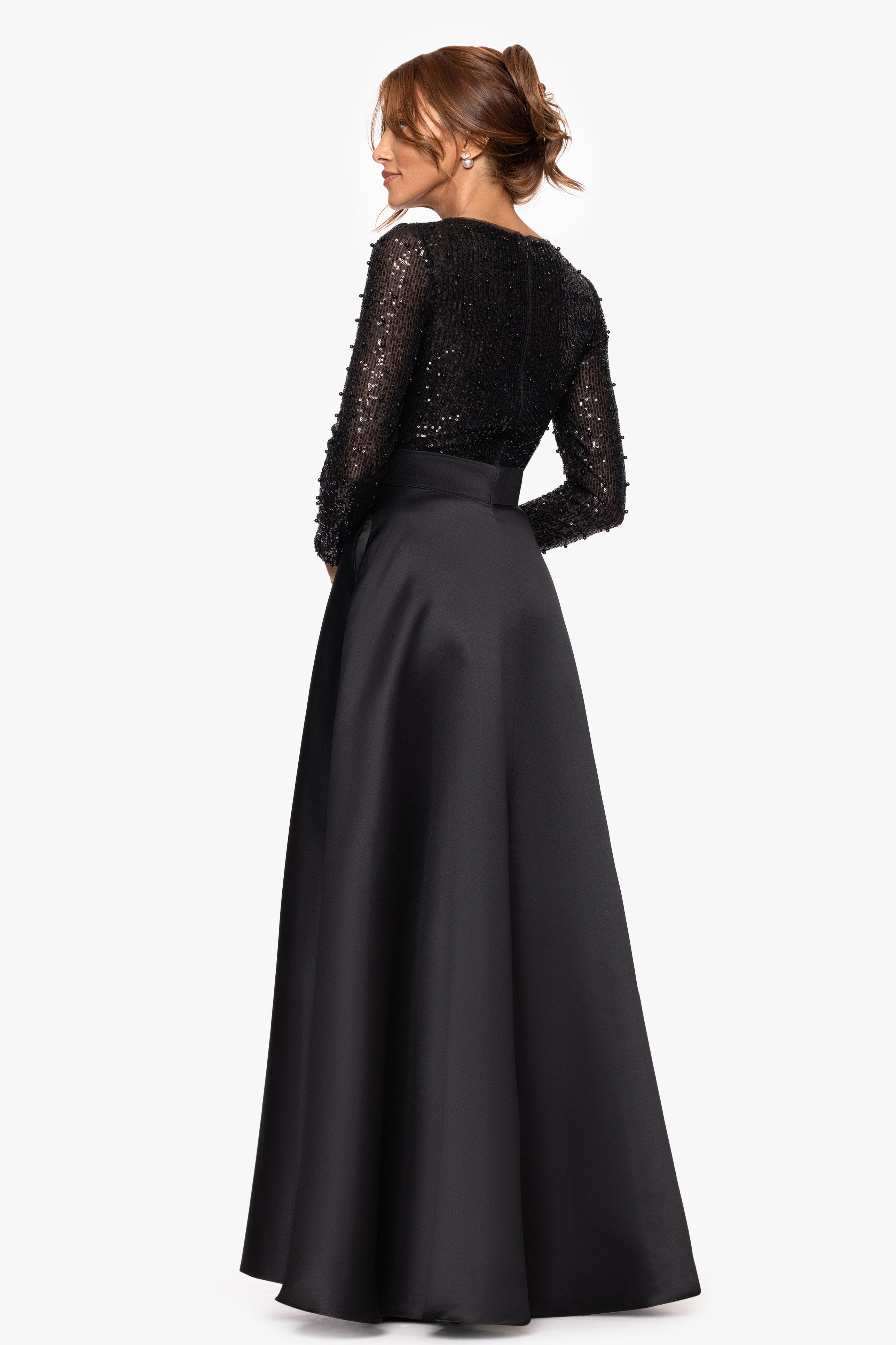 "Isabel" Satin Skirt and Sequin Bodice Long Sleeve Floor Length Dress