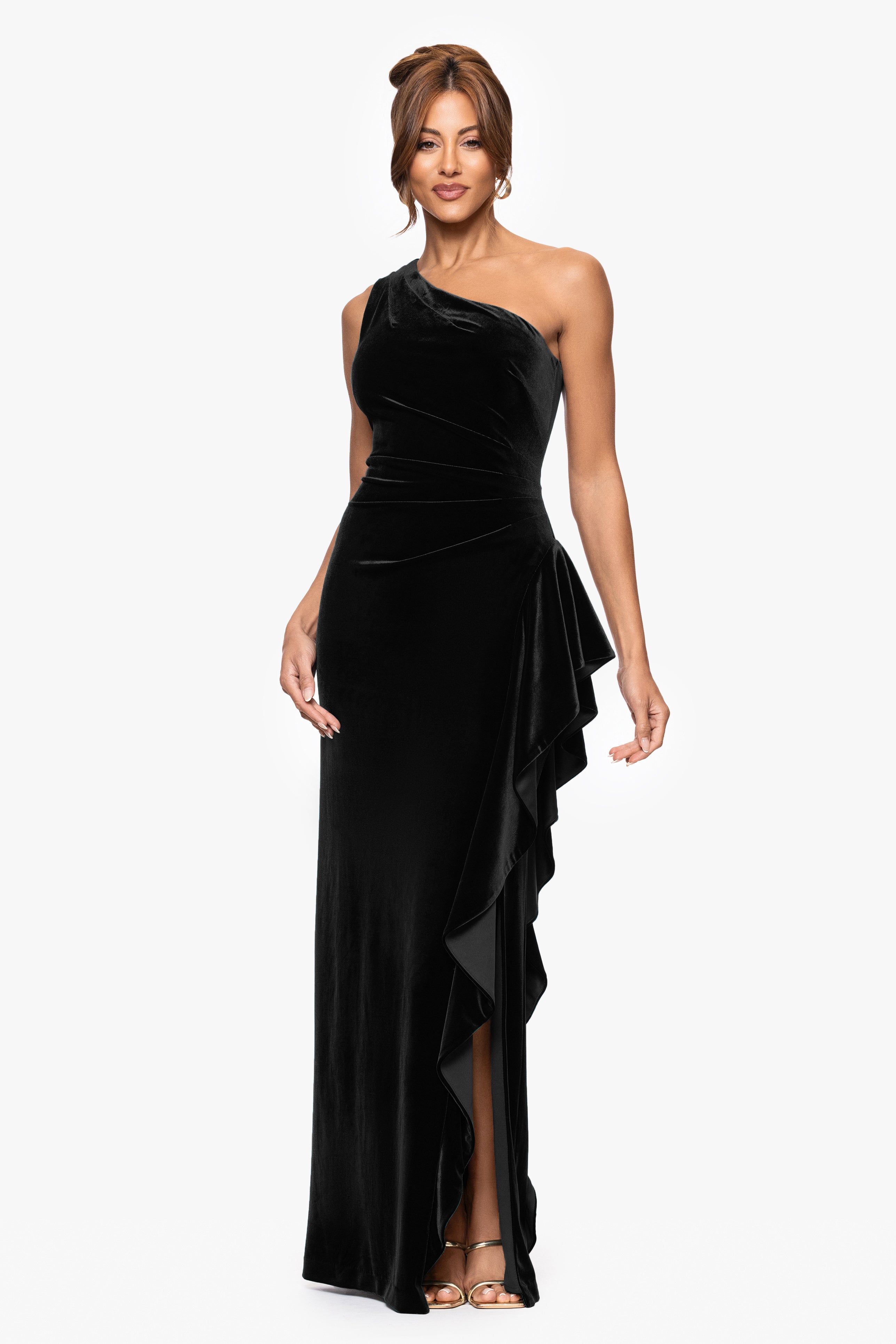 "Riley" Velvet One Shoulder Ruffle Floor Length Dress