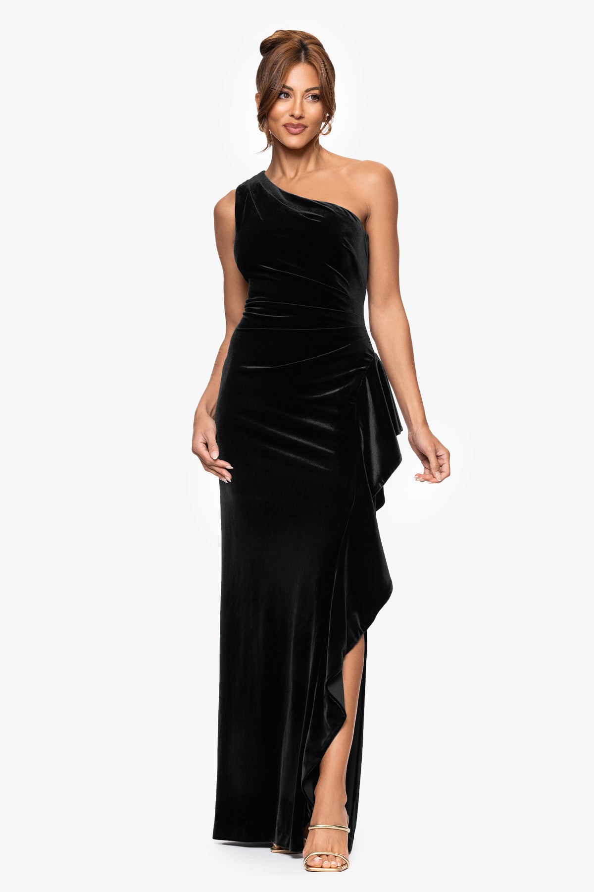 "Gemma" Stretch Velvet One Shoulder Ruffle Dress
