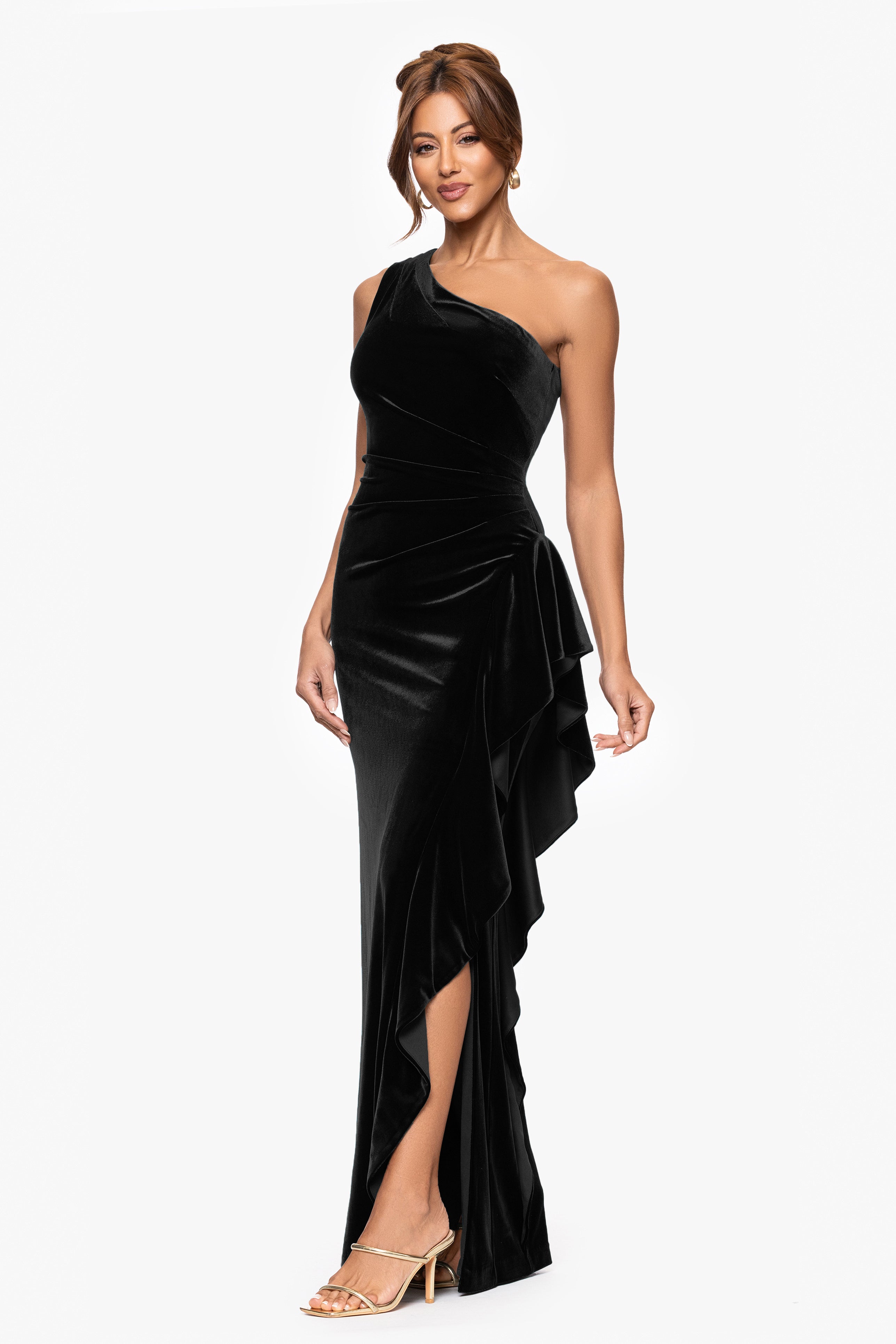 "Riley" Velvet One Shoulder Ruffle Floor Length Dress