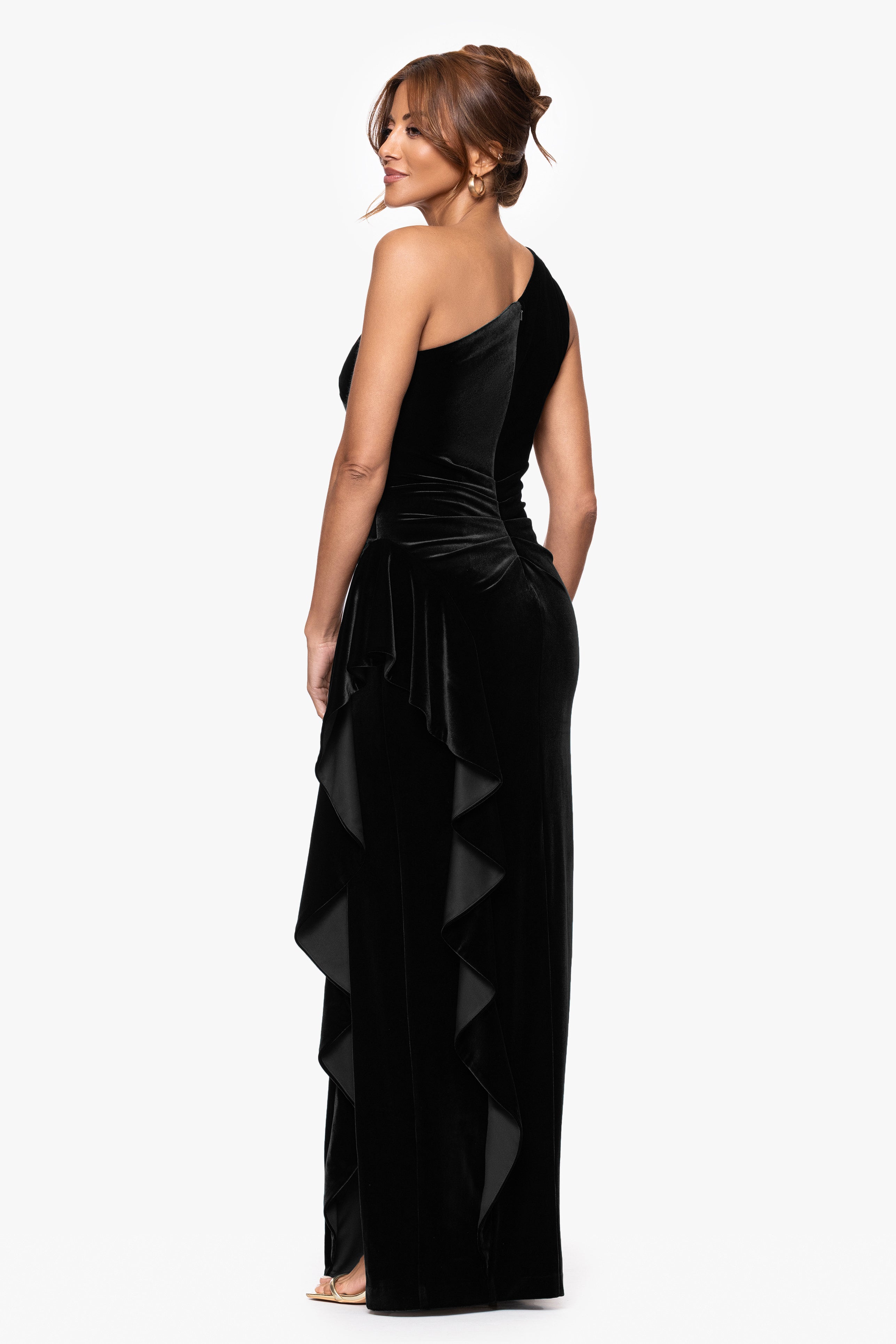 "Riley" Velvet One Shoulder Ruffle Floor Length Dress