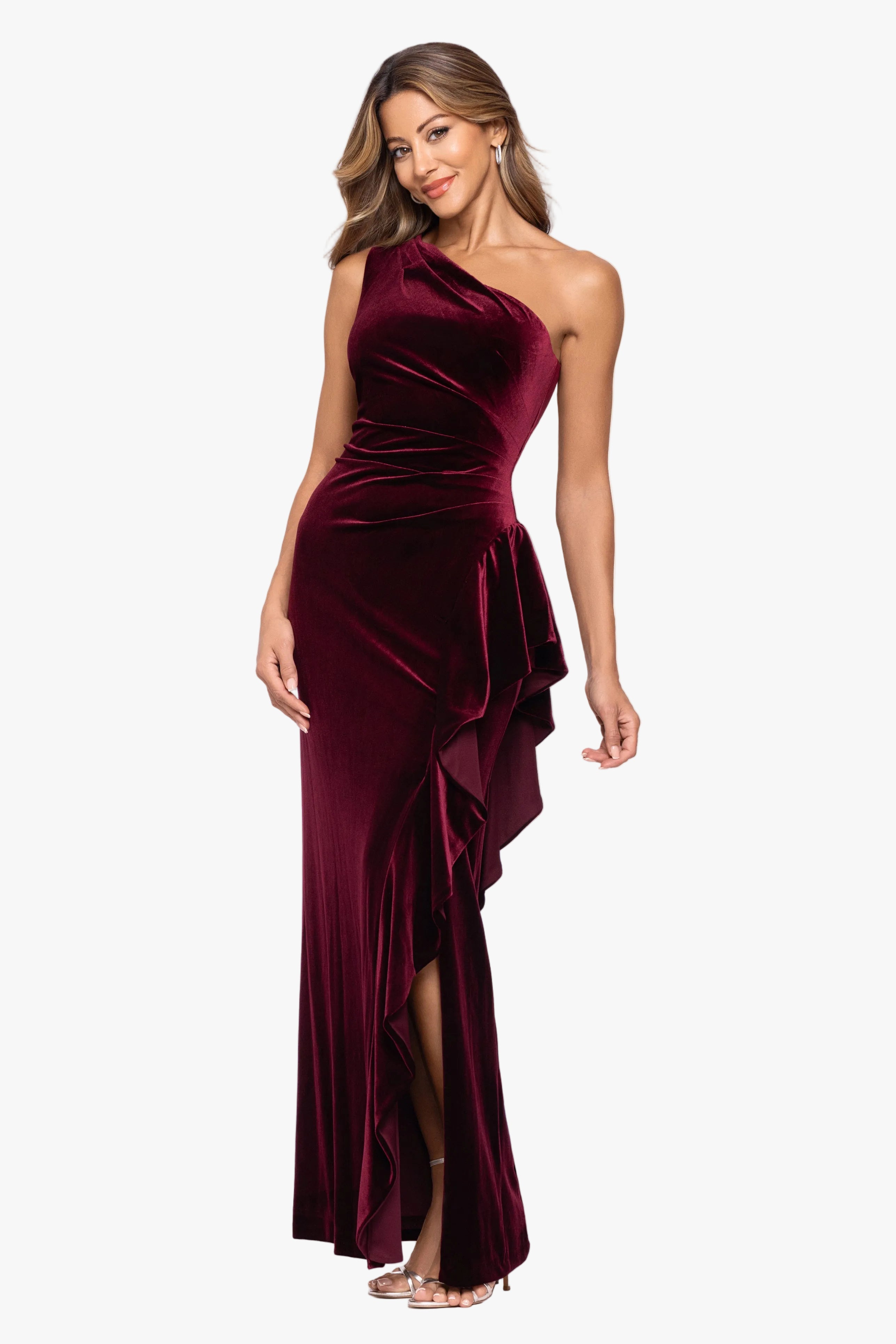 "Gemma" Stretch Velvet One Shoulder Ruffle Dress