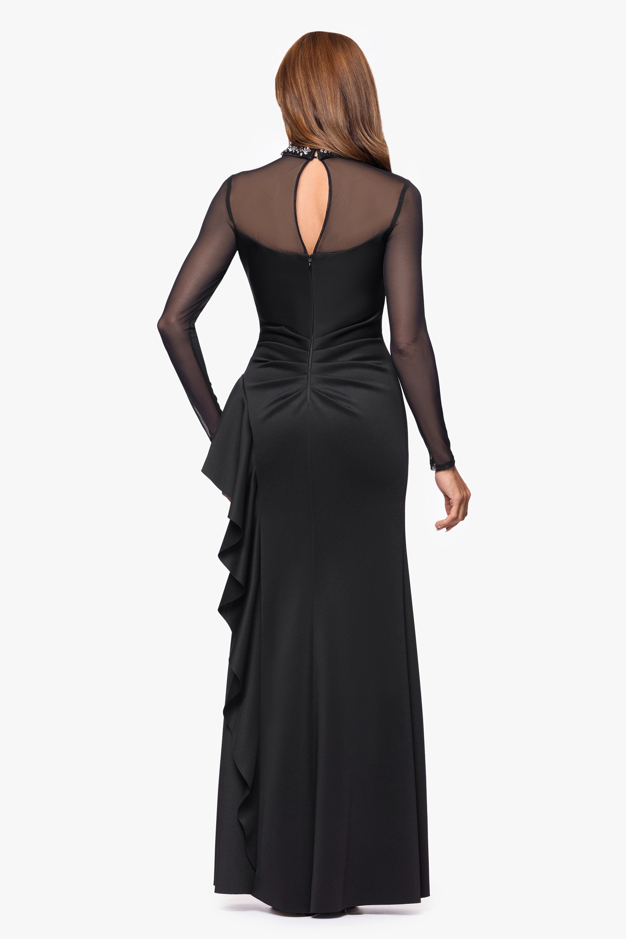 "Maxina" Techno Scuba Embellished Mock Neck and Mesh Long Sleeves Floor Length Dress