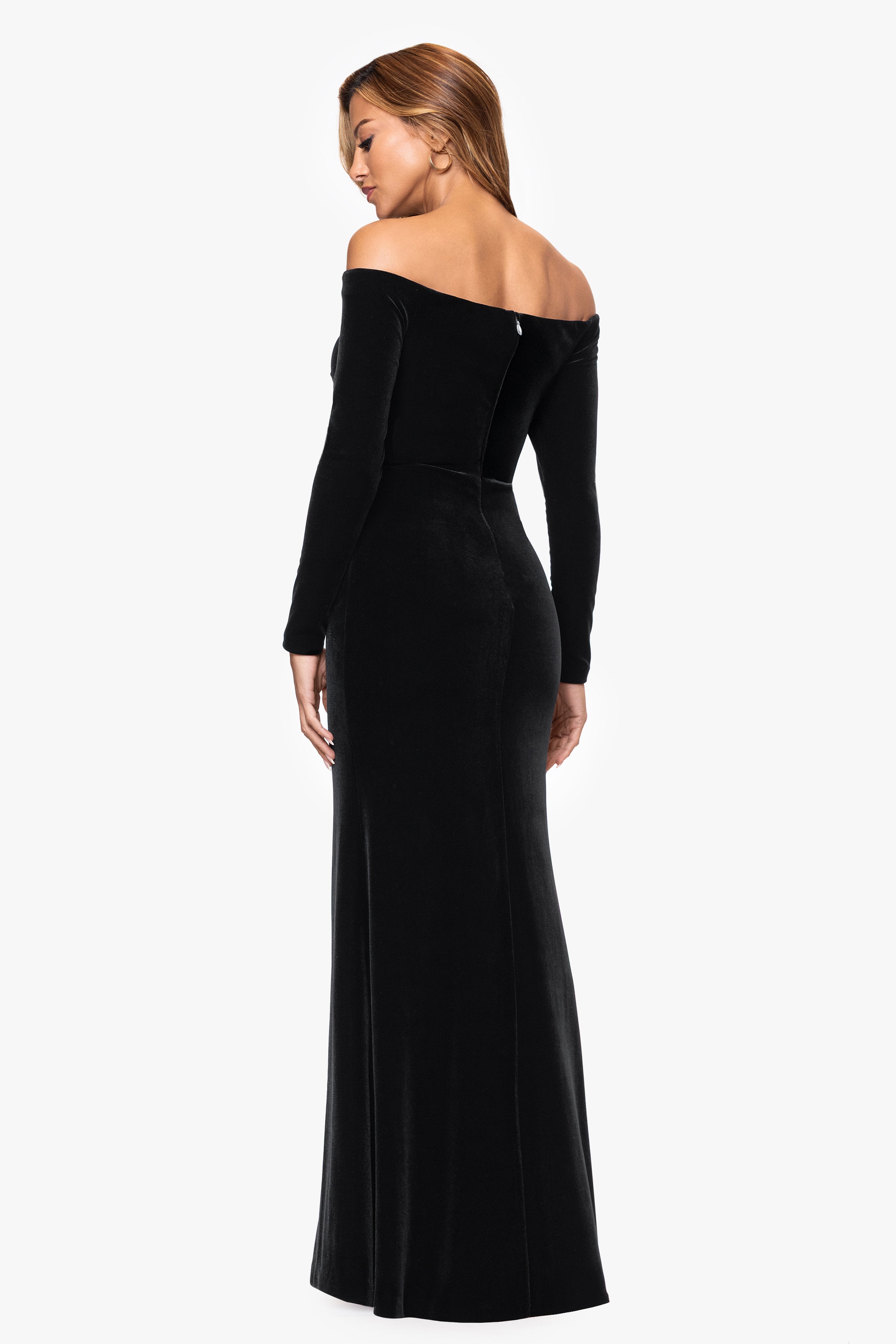 Petite "Danni" Velvet Off The Shoulder Long Sleeve Dress