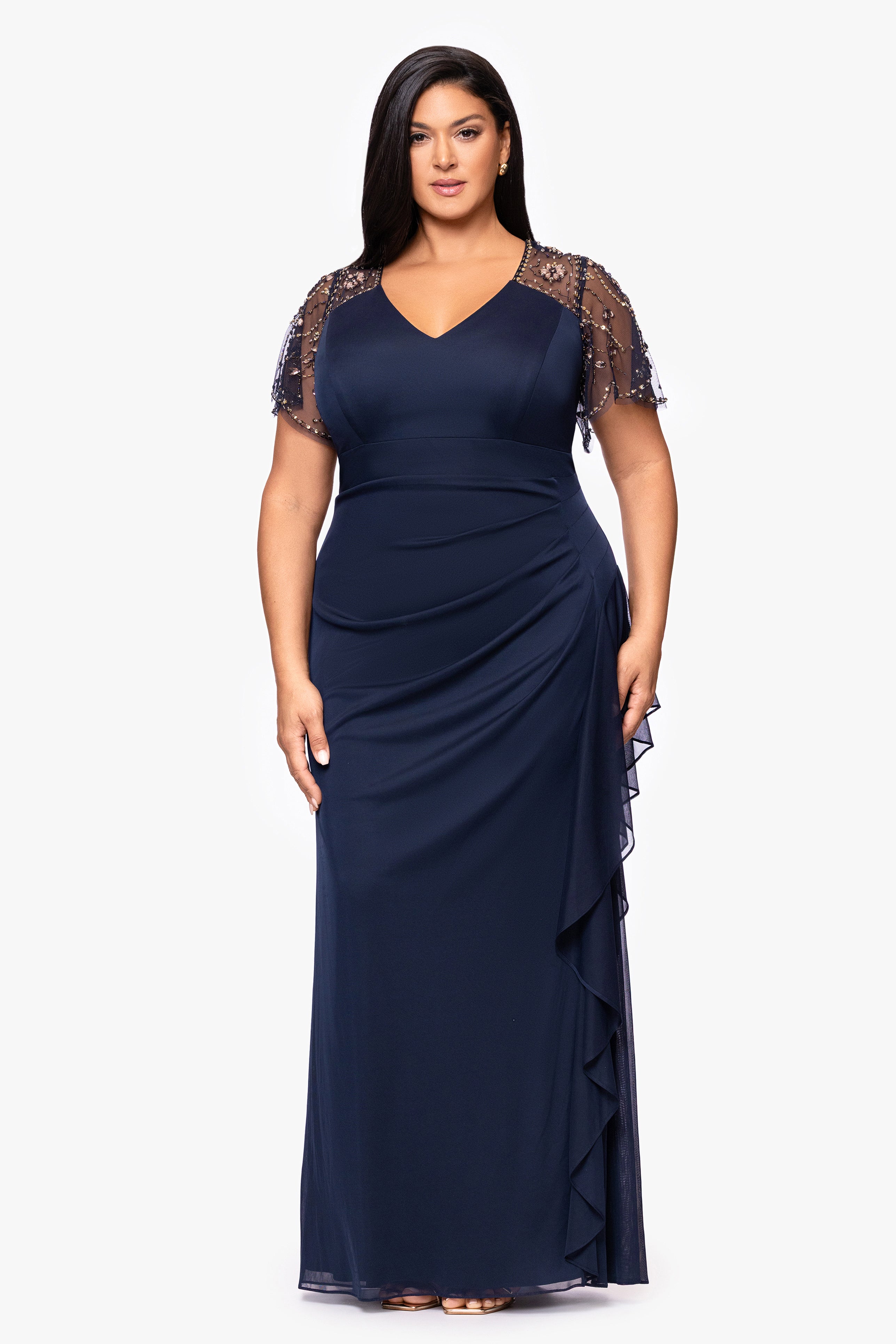 Plus "Arianna" Jersey Beaded Mesh Sleeves Floor Length Dress