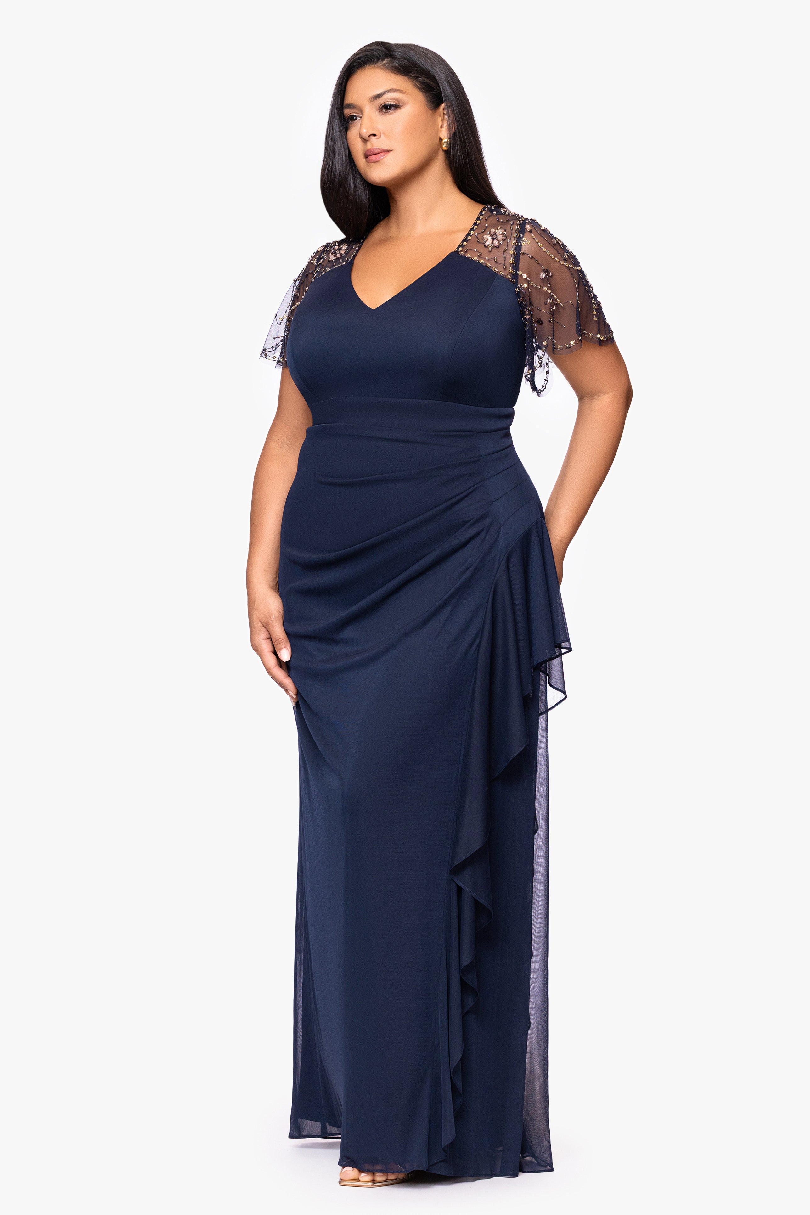 Plus "Arianna" Jersey Beaded Mesh Sleeves Floor Length Dress