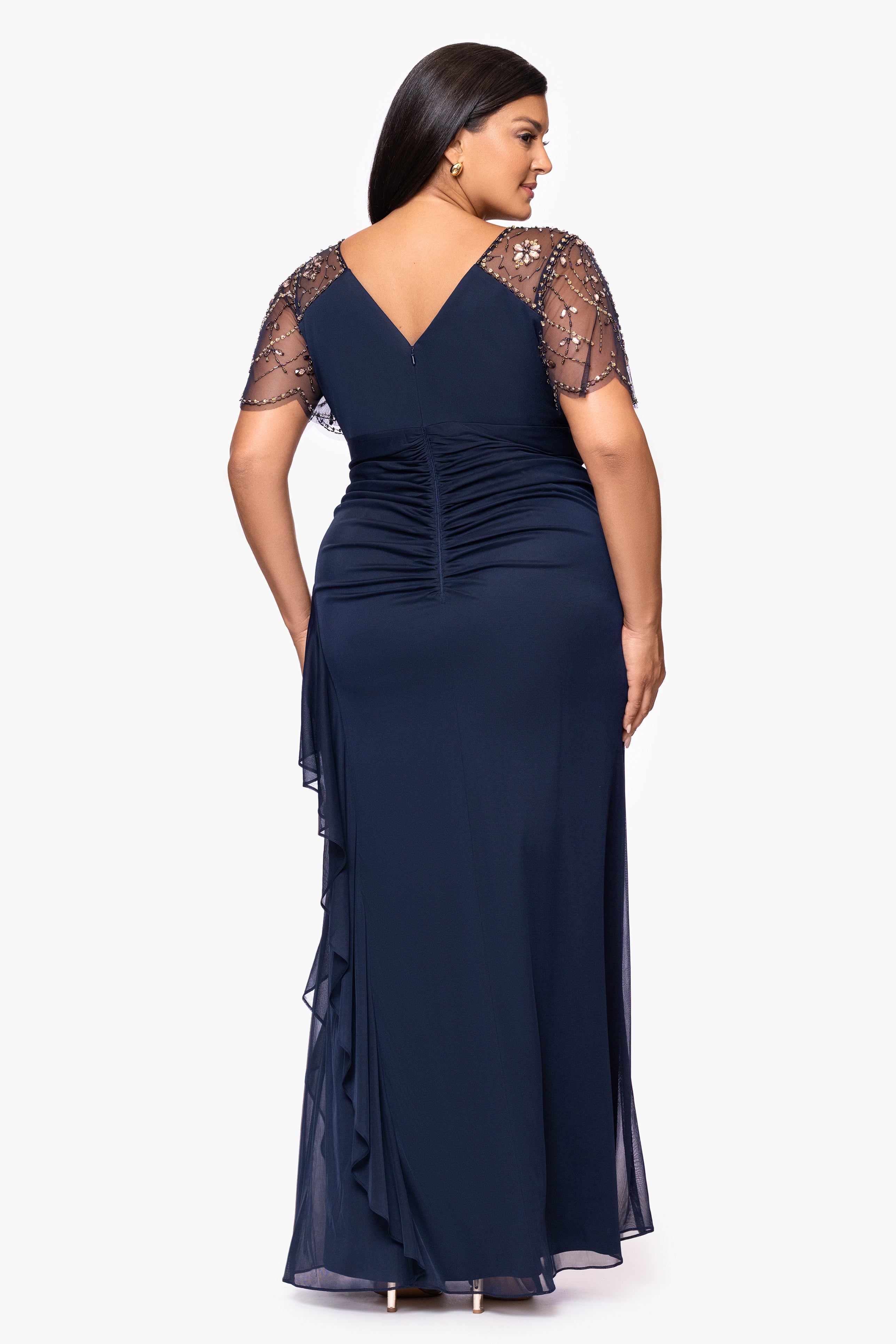 Plus "Arianna" Jersey Beaded Mesh Sleeves Floor Length Dress